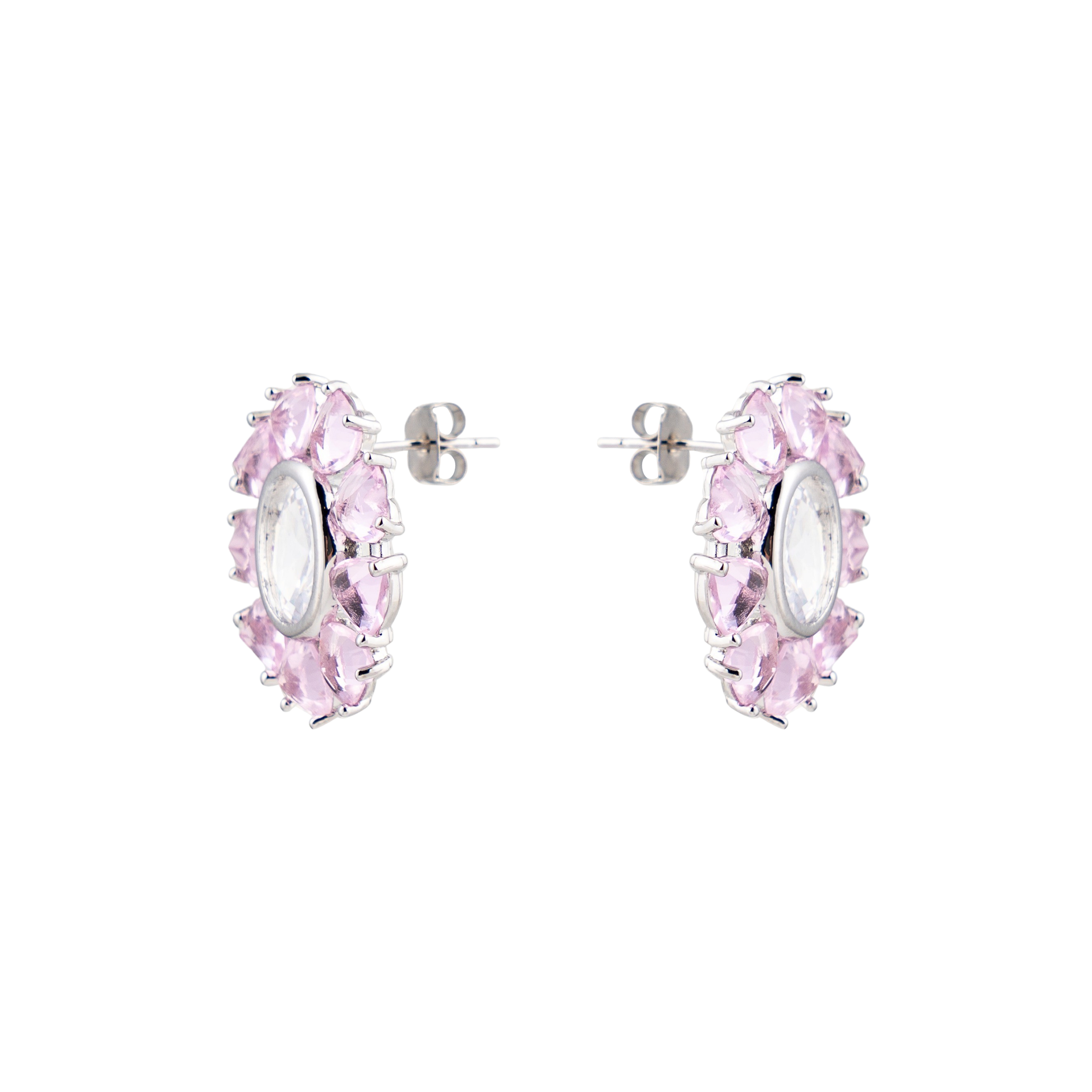 Oval earrings with pink and white crystals