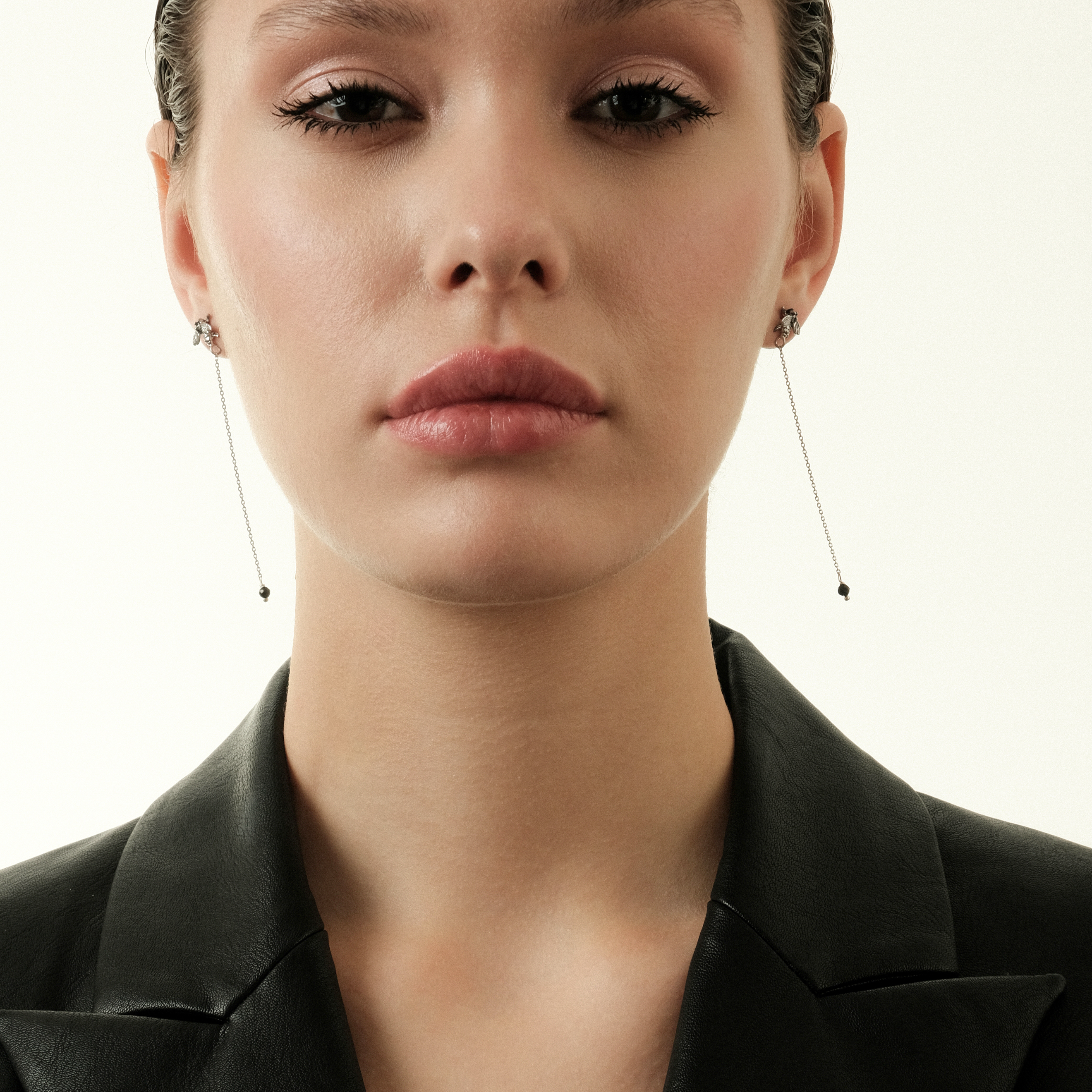 Fly earrings with a white brass chain