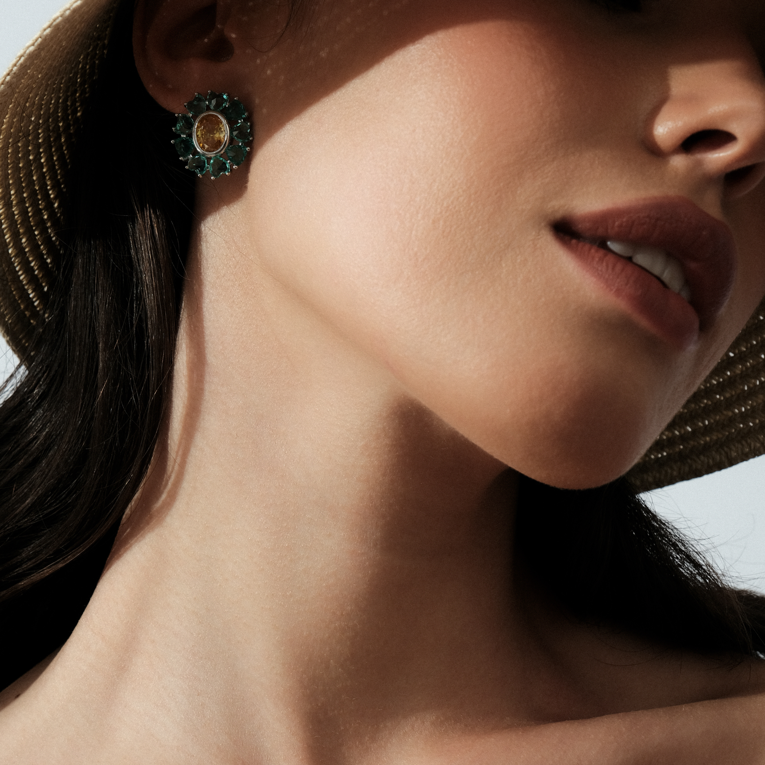 Oval earrings with blue and yellow crystals