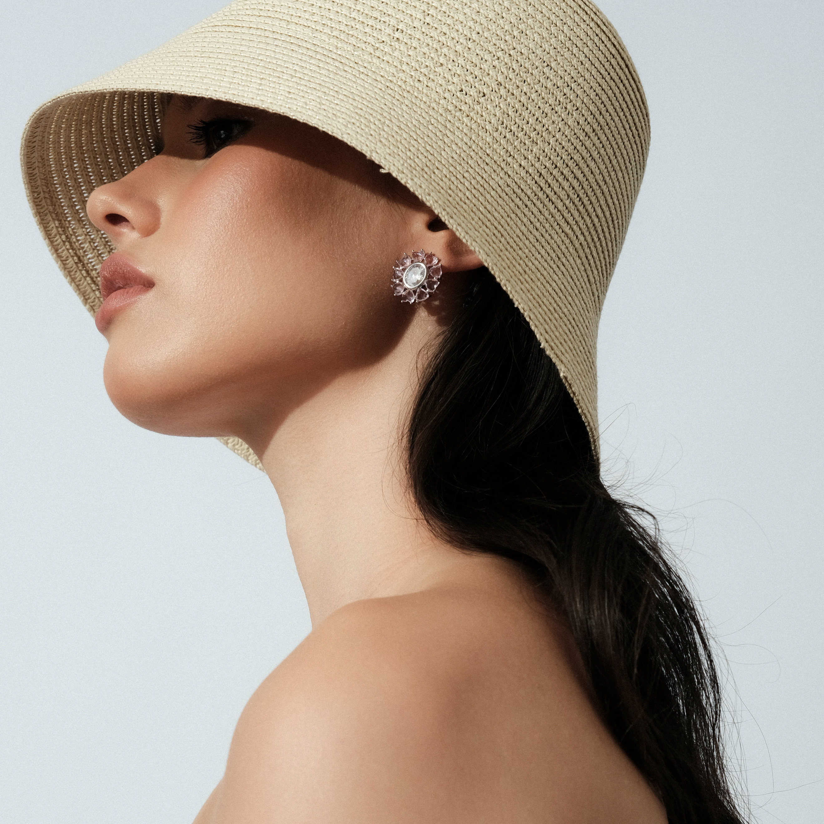 Oval earrings with pink and white crystals