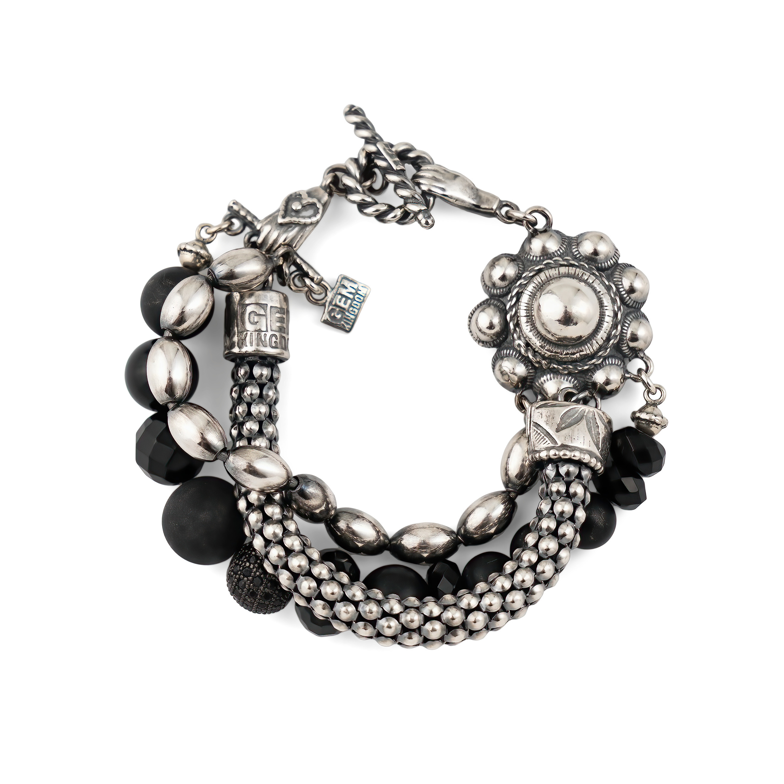 Triple silver bracelet with onyx beads