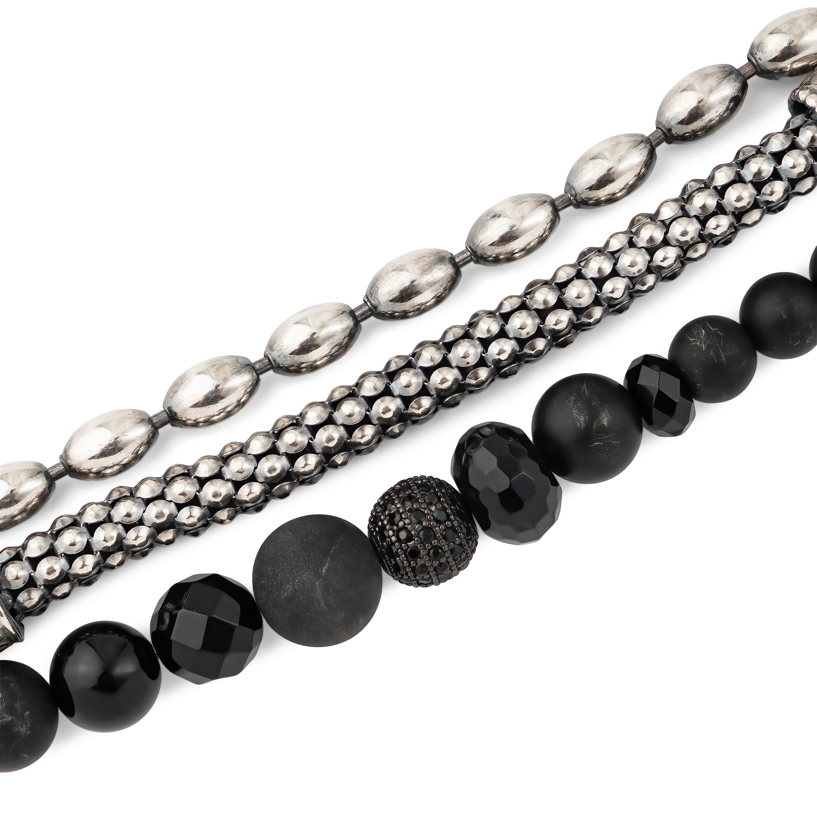 Triple silver bracelet with onyx beads