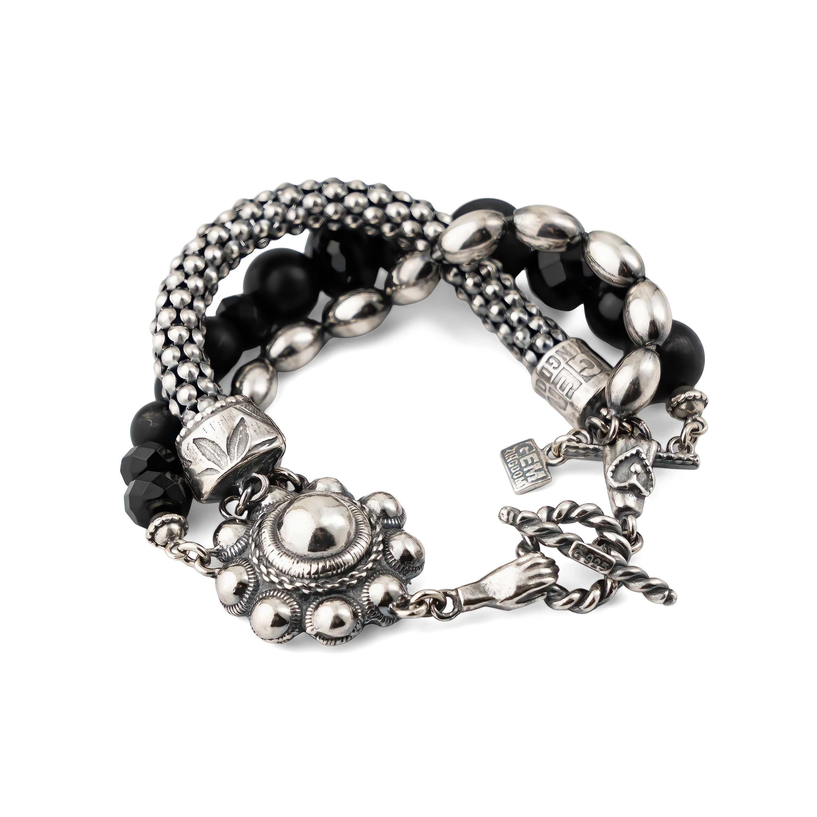 Triple silver bracelet with onyx beads
