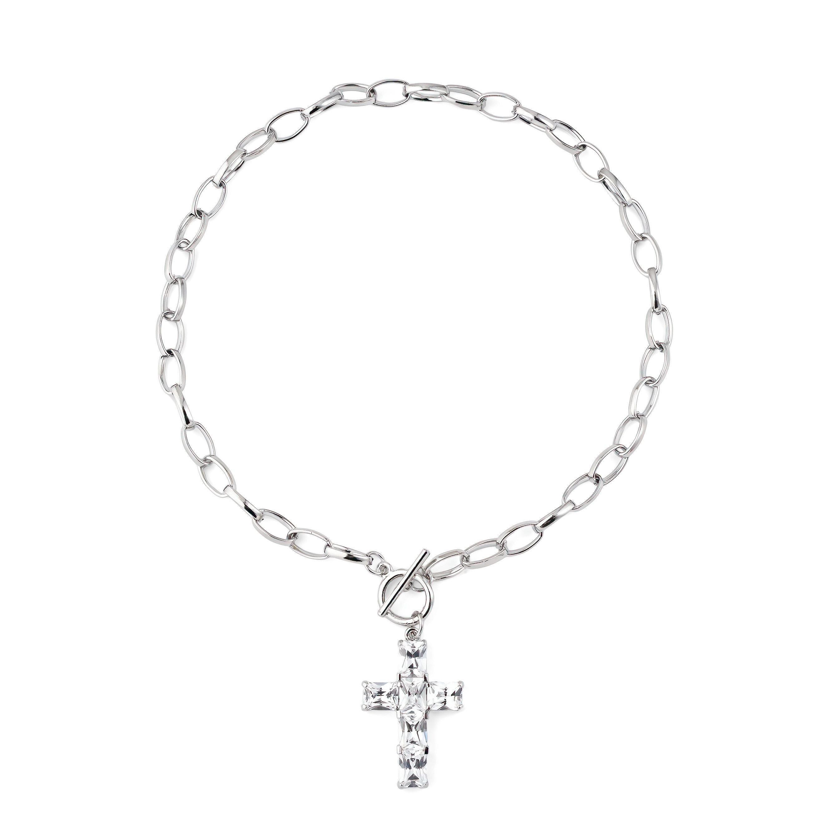 Silver Chain Necklace with Crystal Cross Pendant
