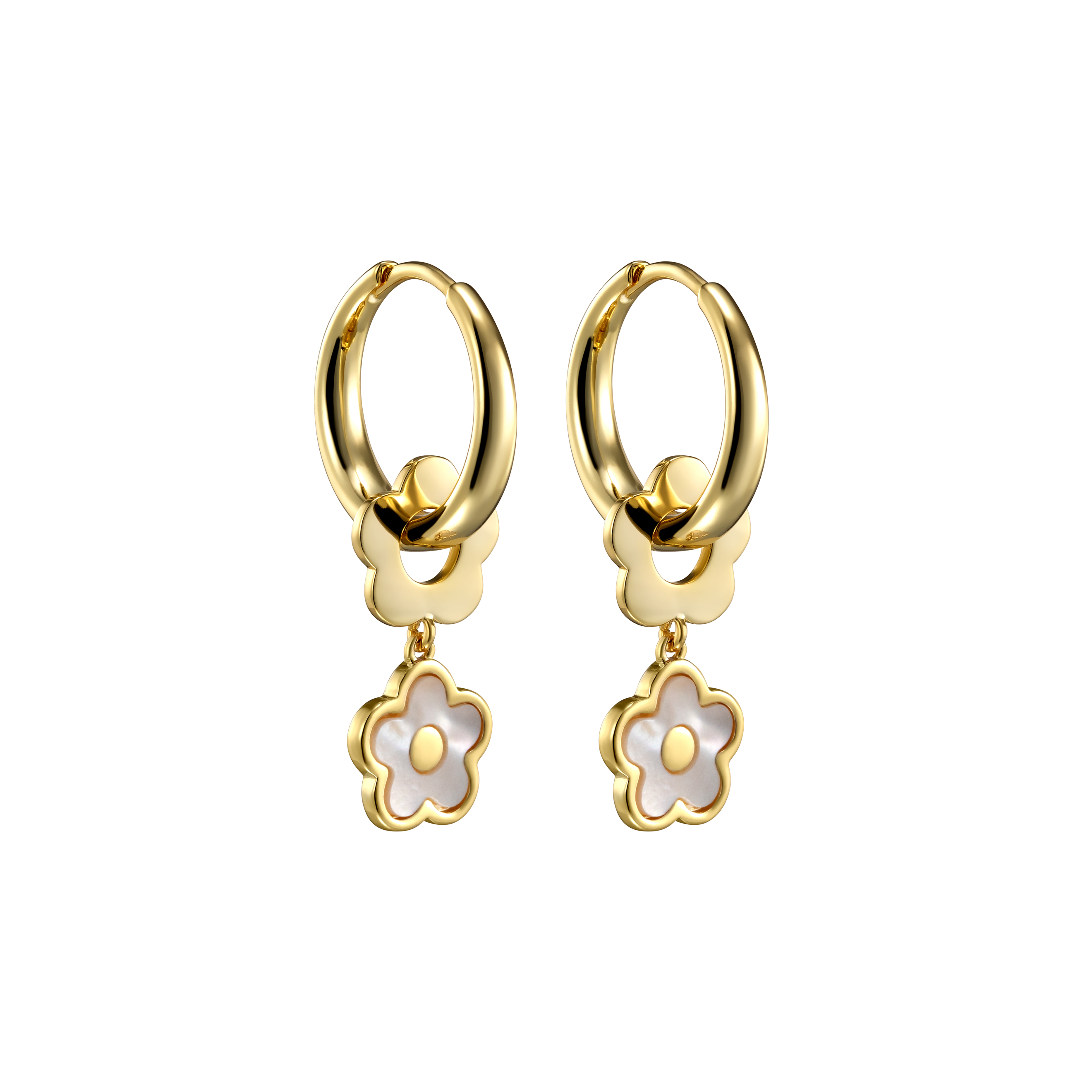 Flower Twins Gold. Золотистые серьги с перламутровыми цветочками
