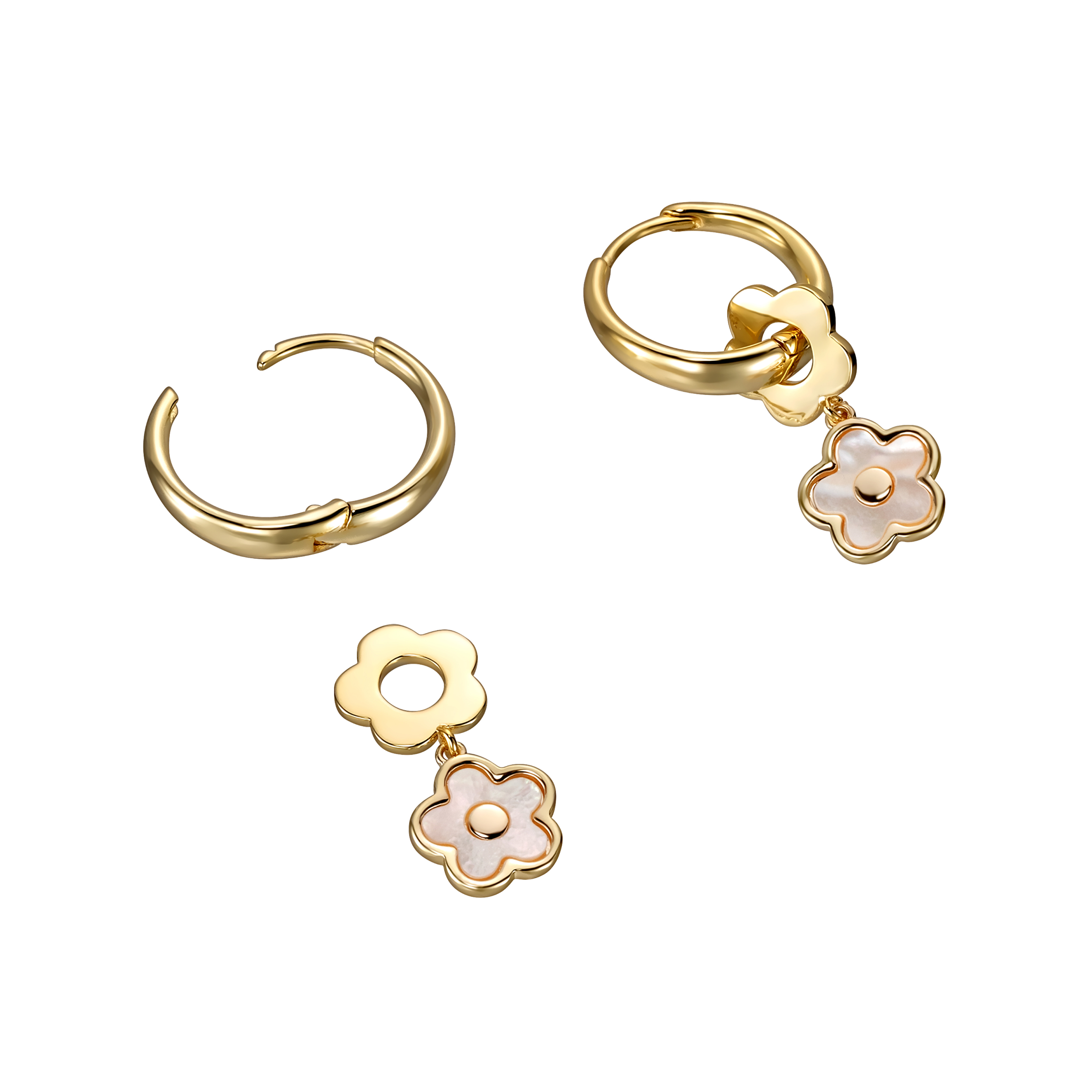 Flower Twins Gold. Золотистые серьги с перламутровыми цветочками