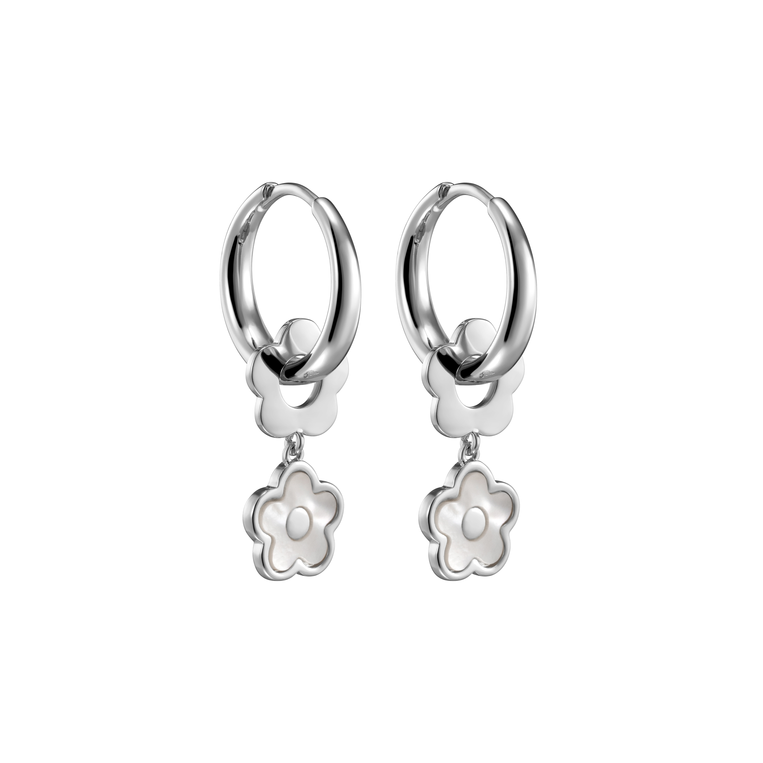 Flower Twins Silver. Серебристые серьги с перламутровыми цветочками