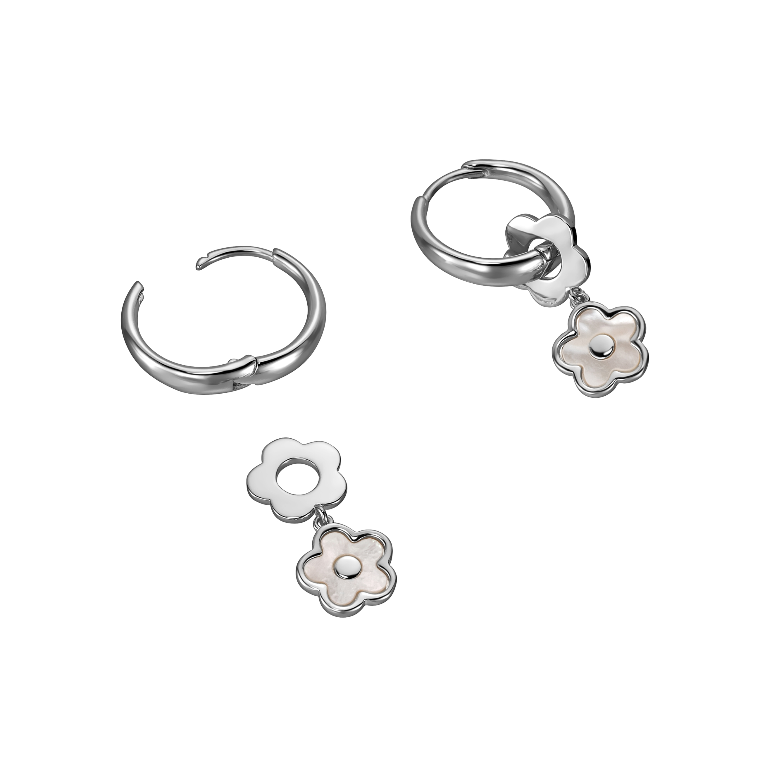 Flower Twins Silver. Серебристые серьги с перламутровыми цветочками