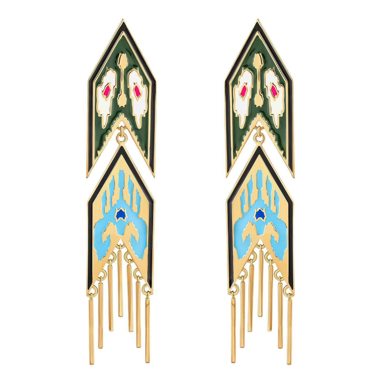 Акцентные серьги LUTA Jewelry Серебряные позолоченные серьги-ковры Марокко с зеленой и бирюзовой эмалью