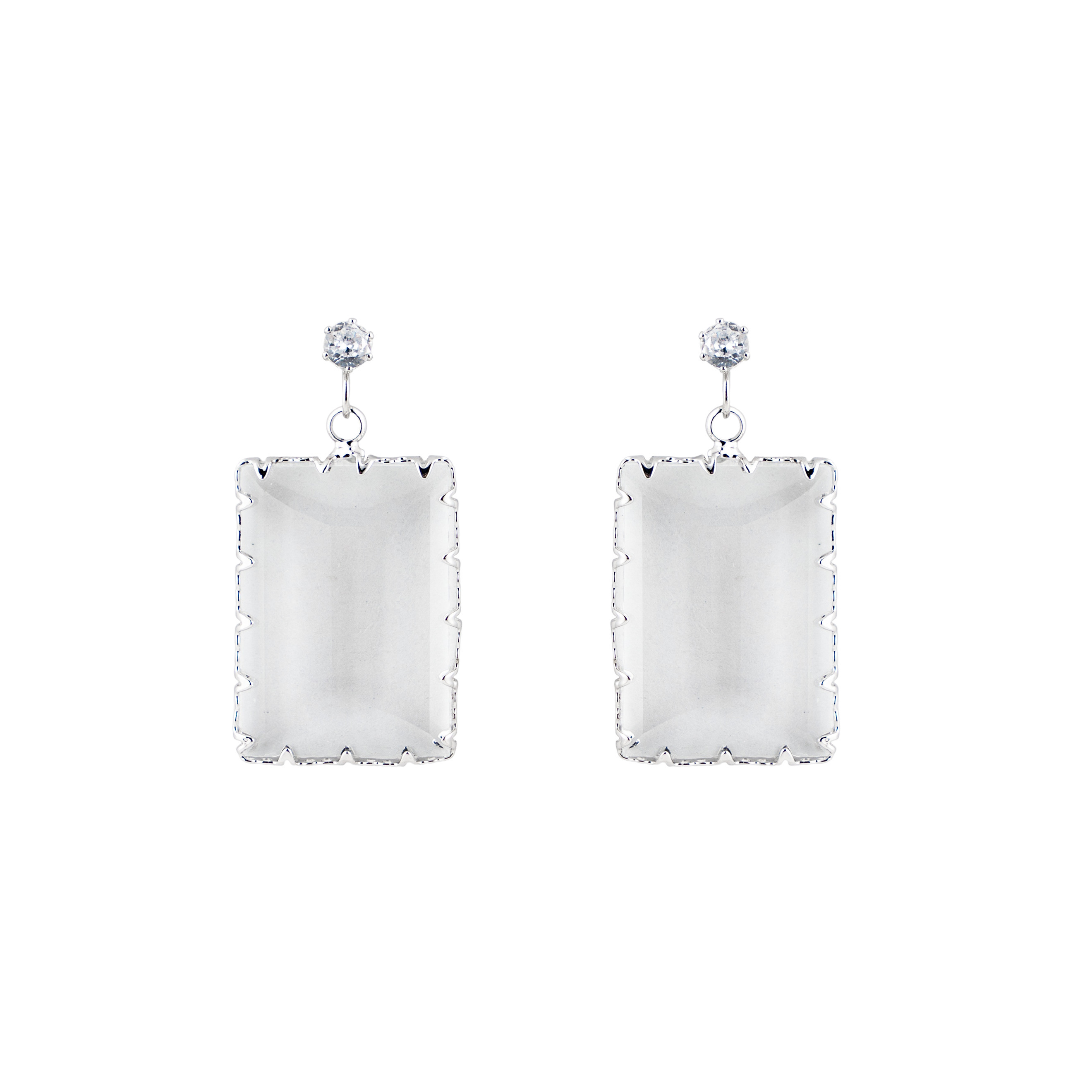 Earrings with a large transparent rectangular crystal