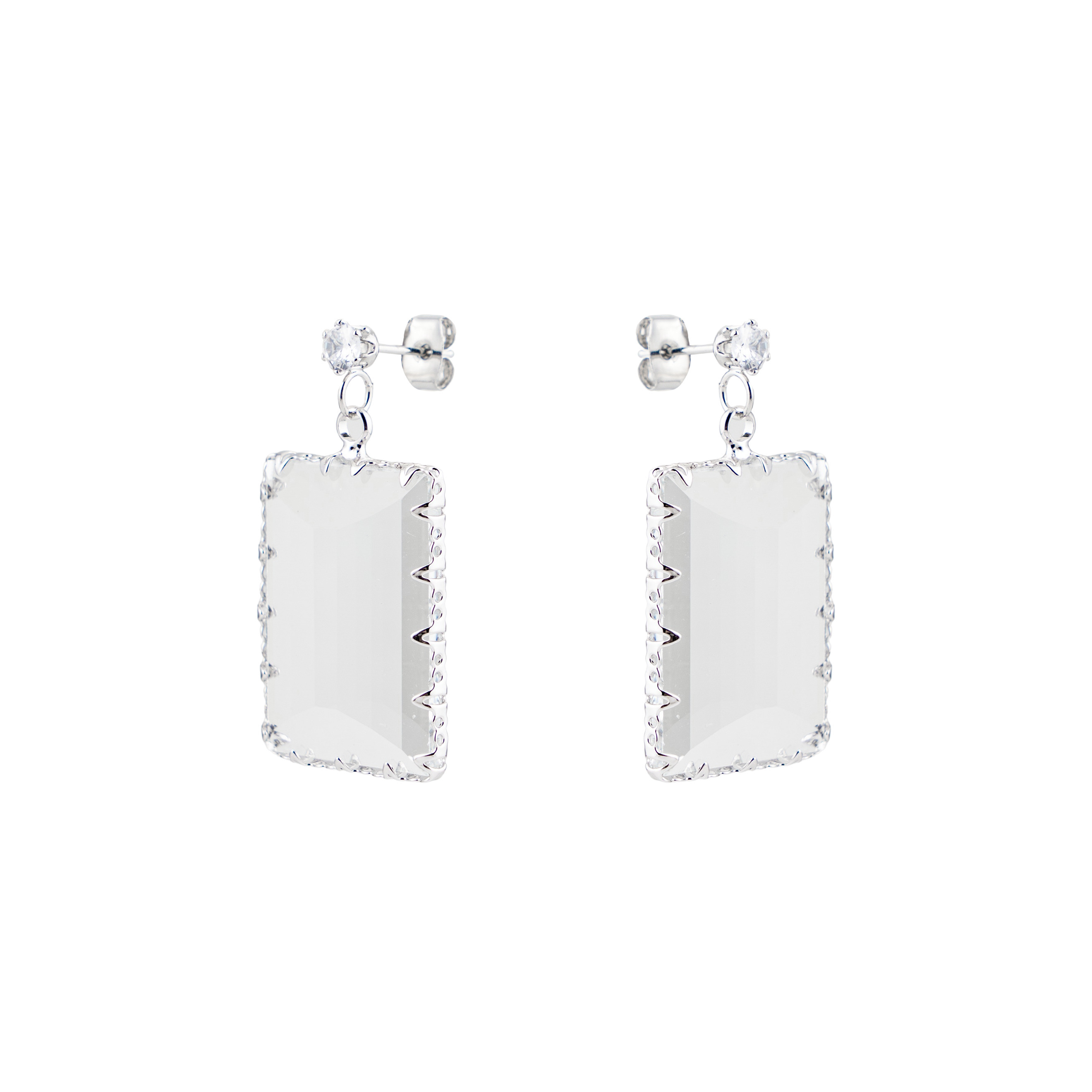 Earrings with a large transparent rectangular crystal