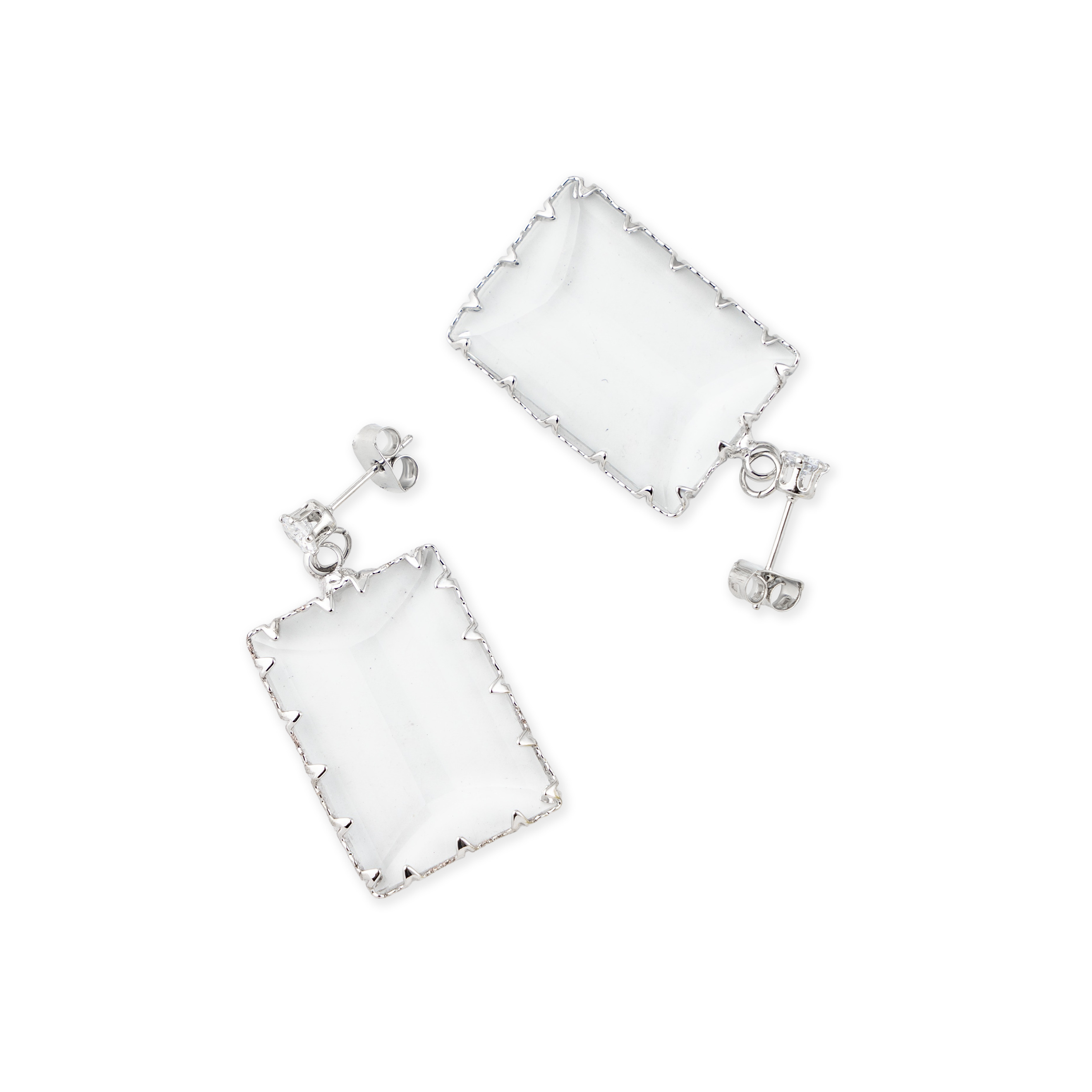 Earrings with a large transparent rectangular crystal