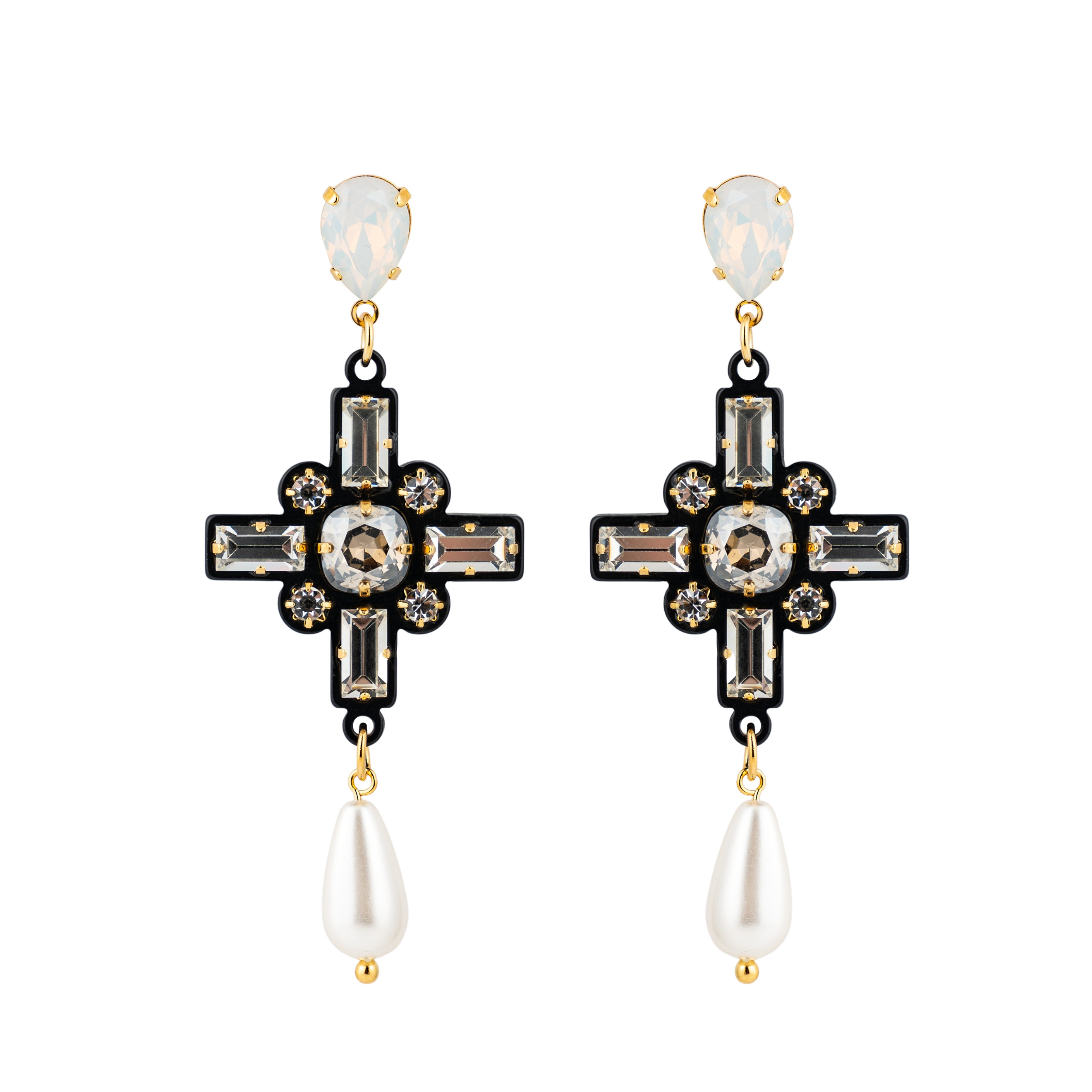 Black cross earrings with pearls and crystals