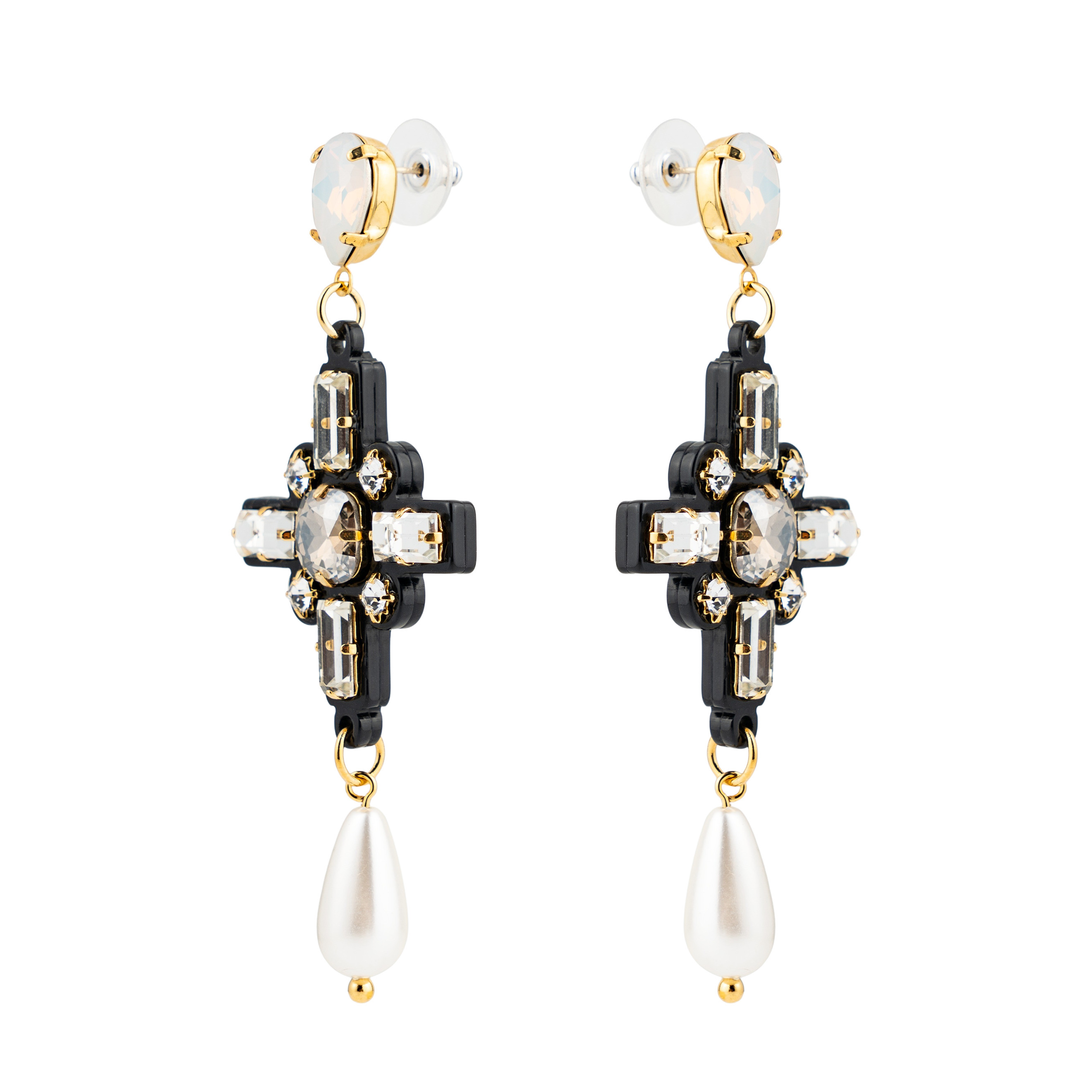 Black cross earrings with pearls and crystals