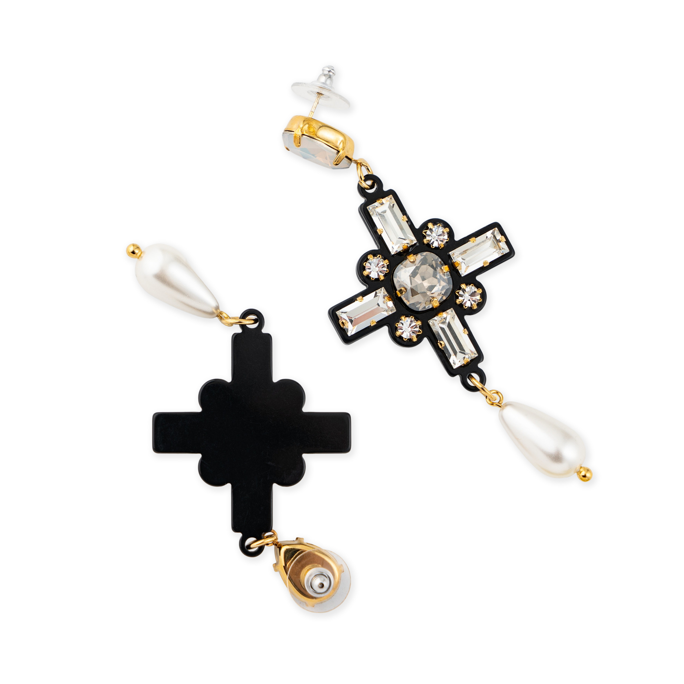 Black cross earrings with pearls and crystals