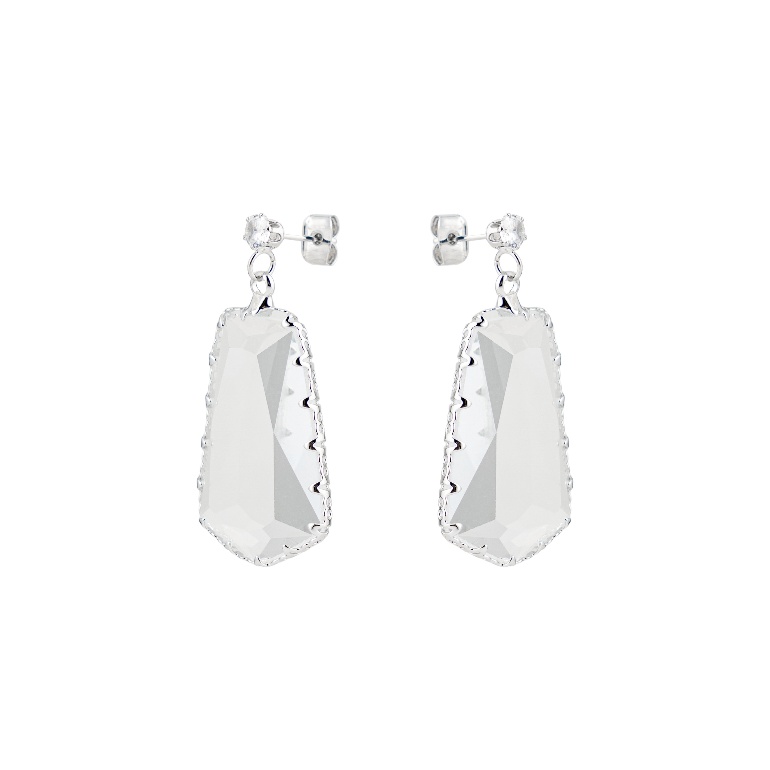 Earrings with a large transparent pentagonal crystal