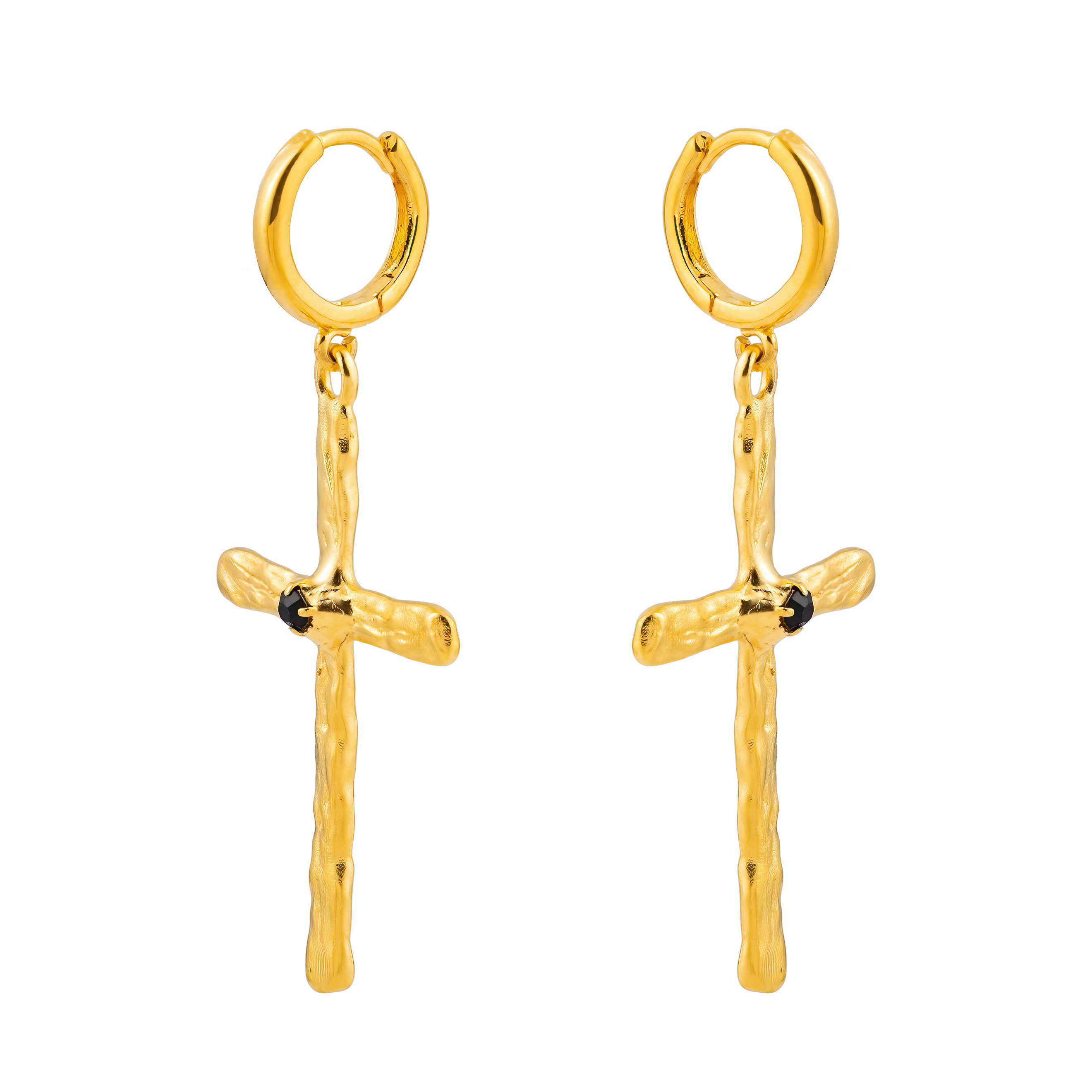 Golden Cross earrings with black crystal