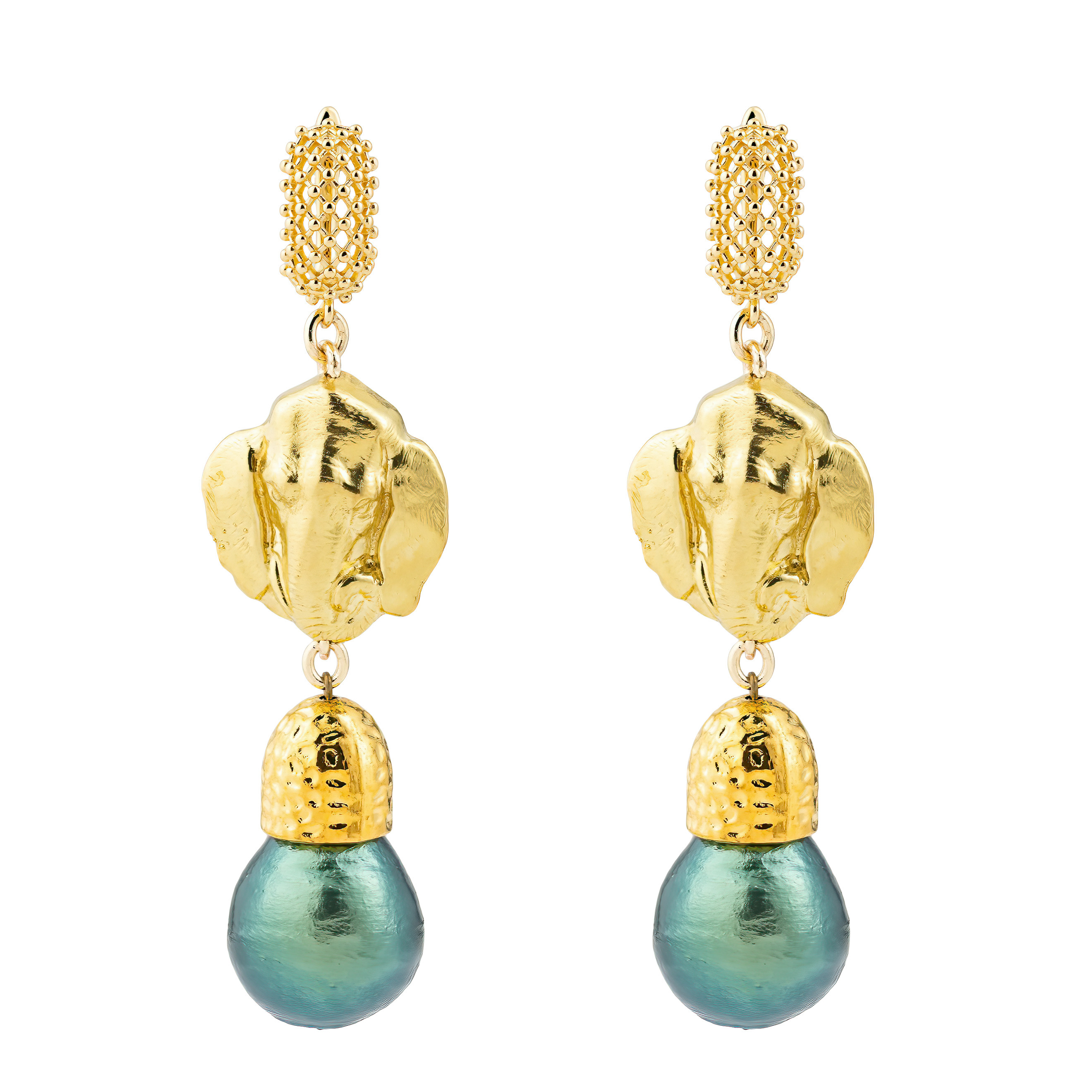 Golden elephant head earrings and green pearls