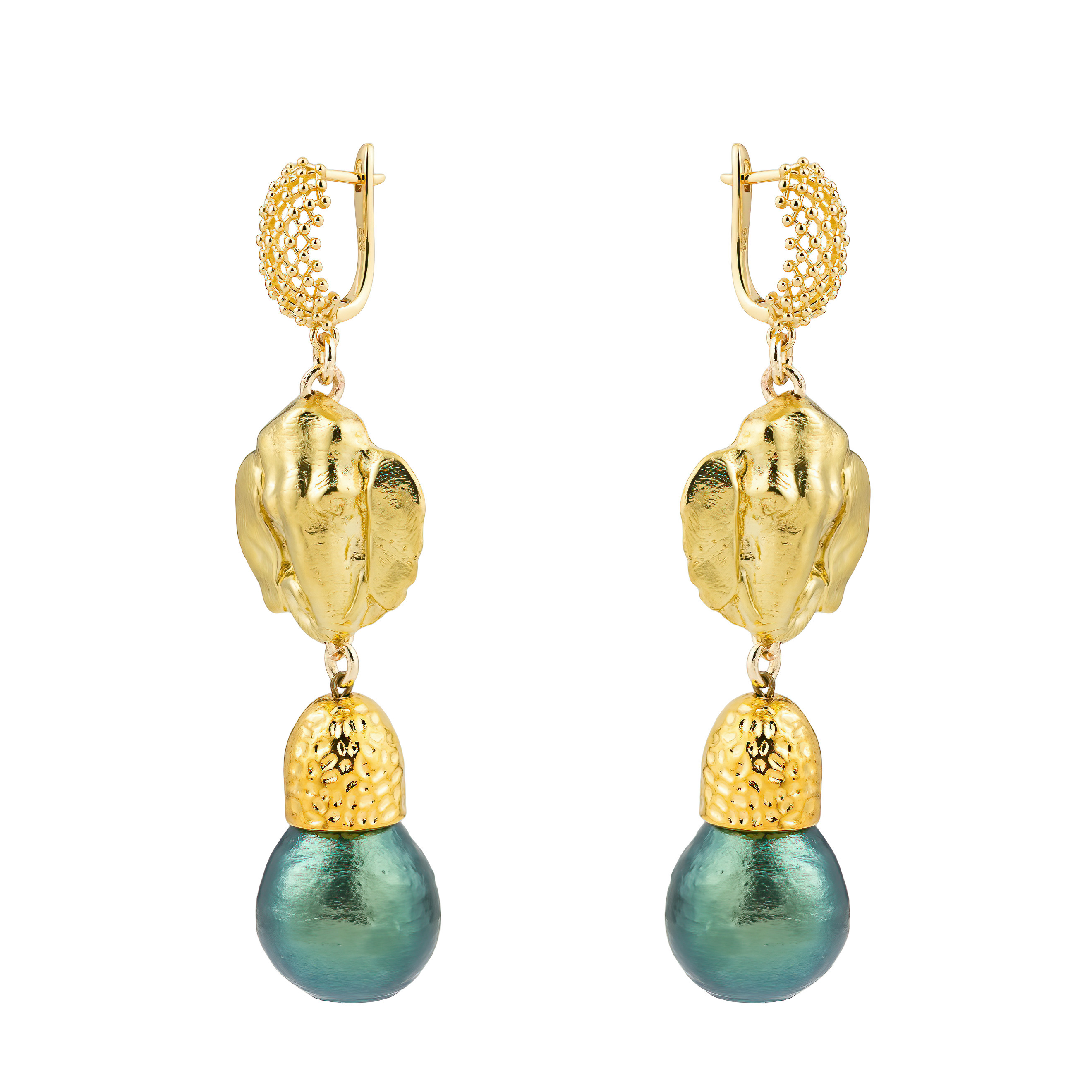 Golden elephant head earrings and green pearls
