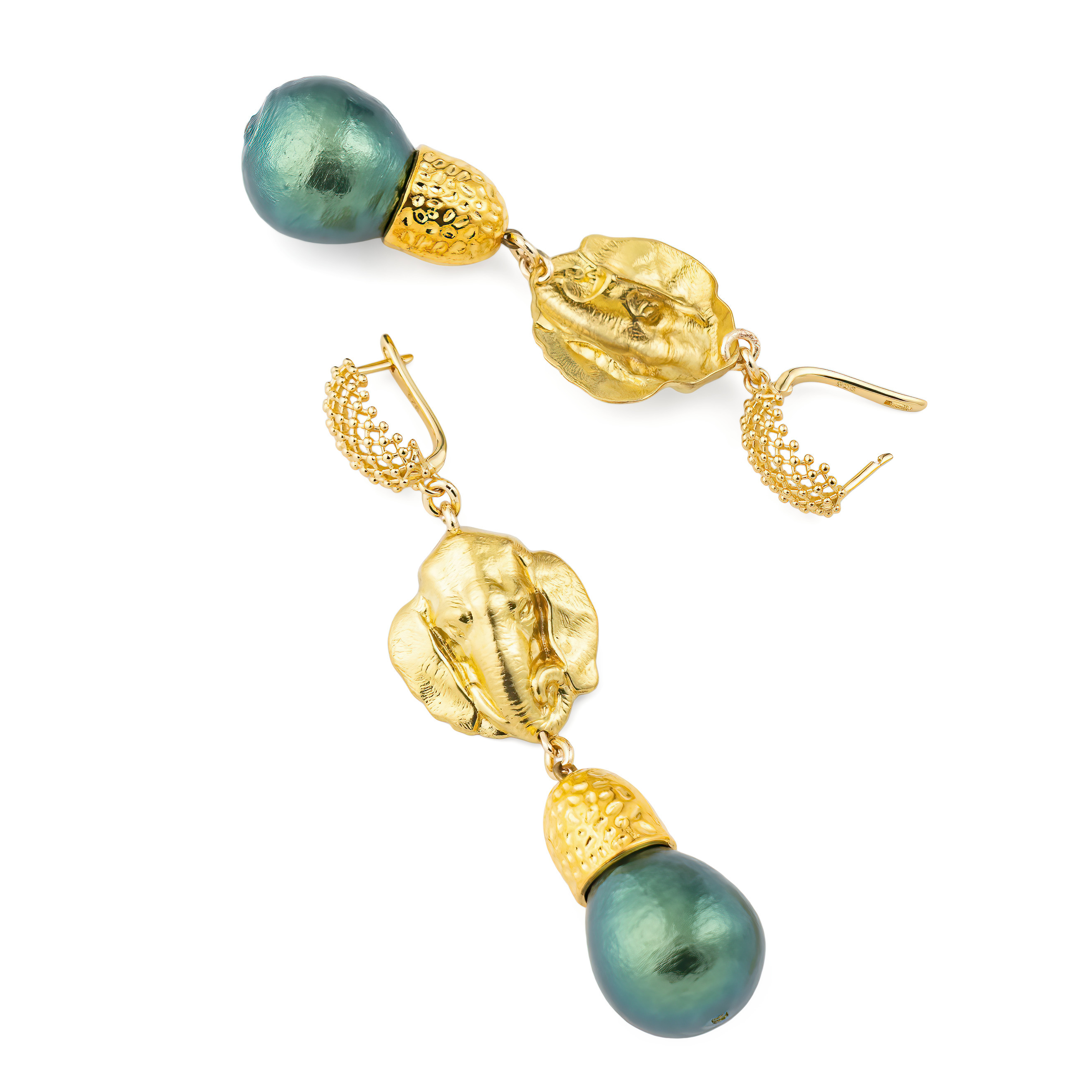 Golden elephant head earrings and green pearls