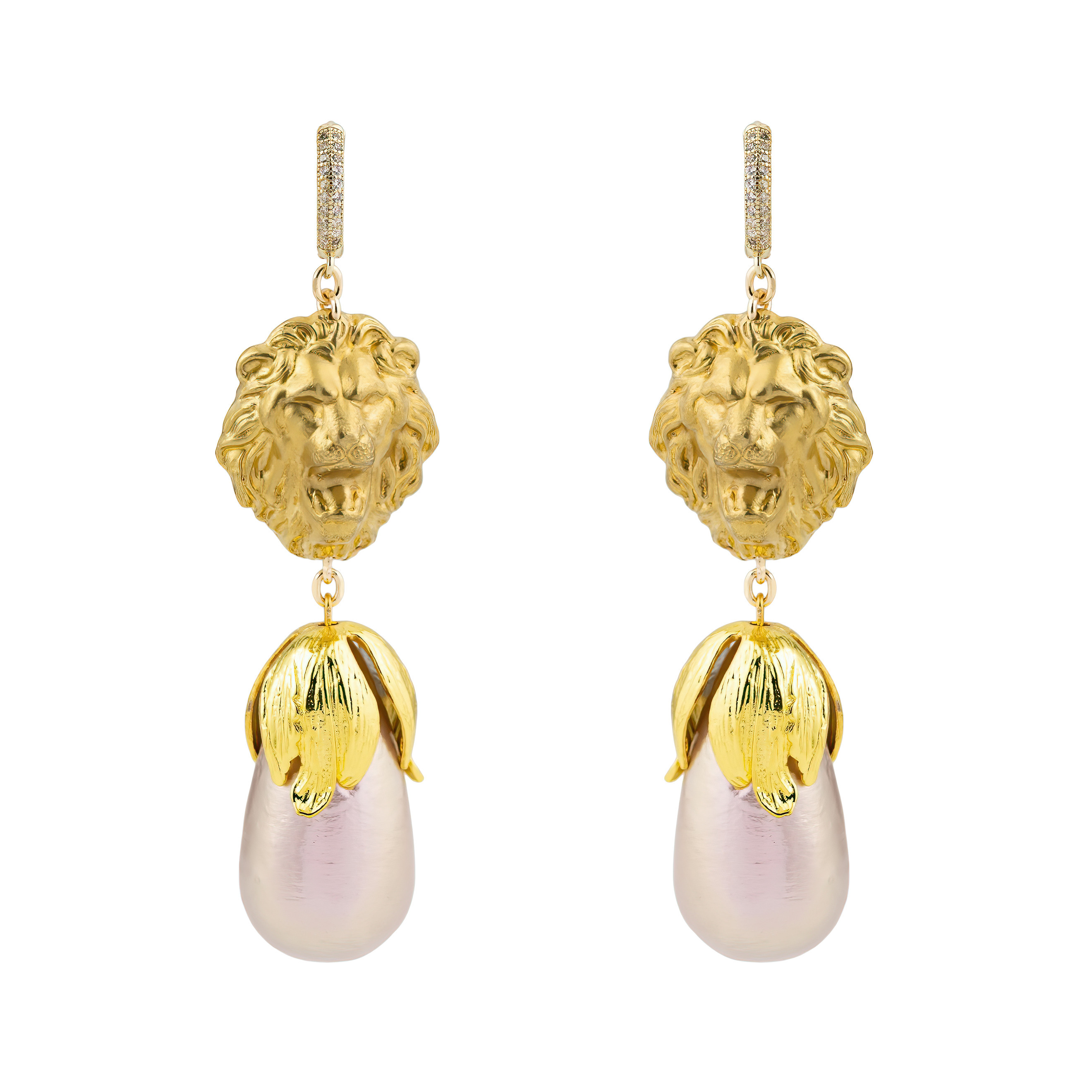 Golden Lion Head Earrings with beige pearls