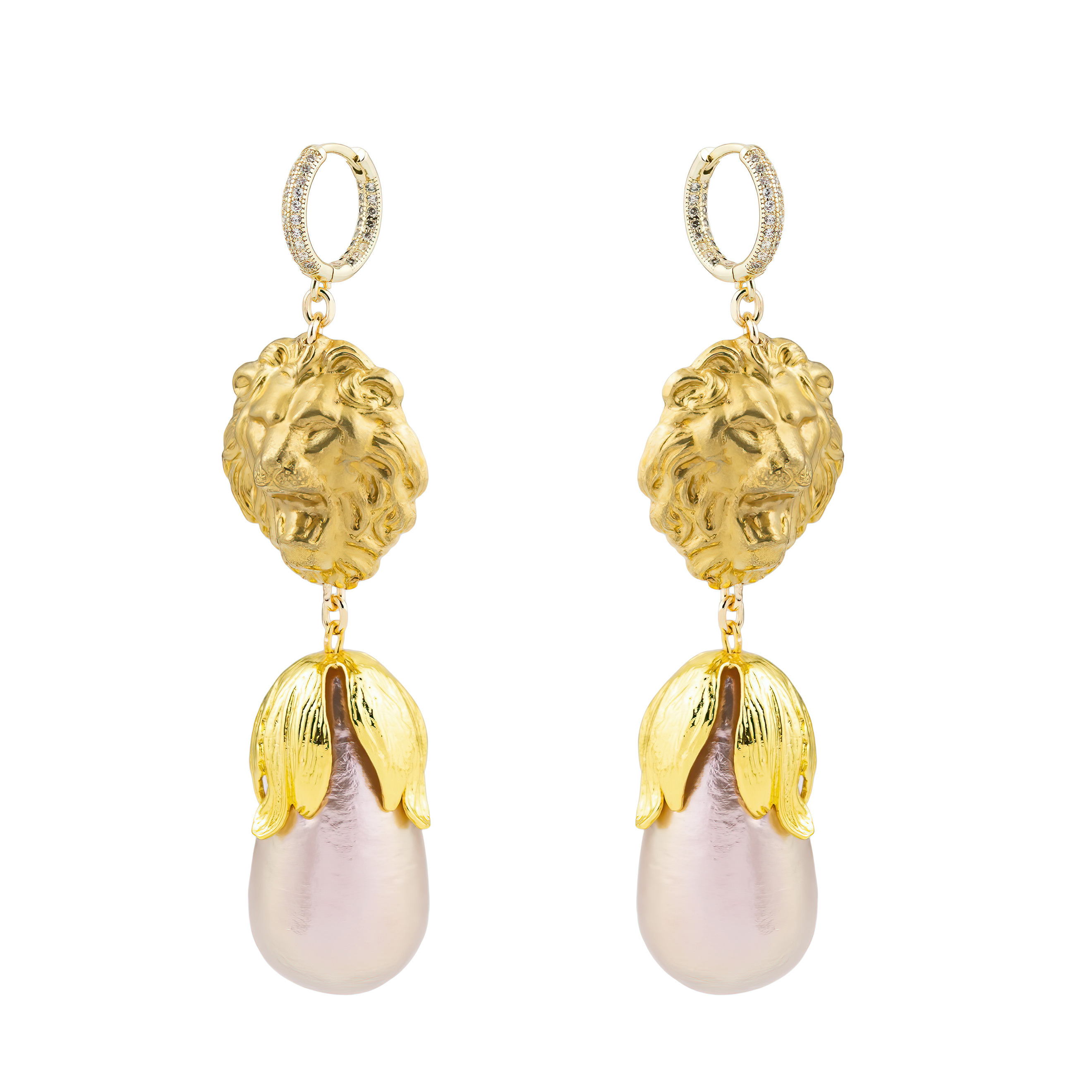 Golden Lion Head Earrings with beige pearls