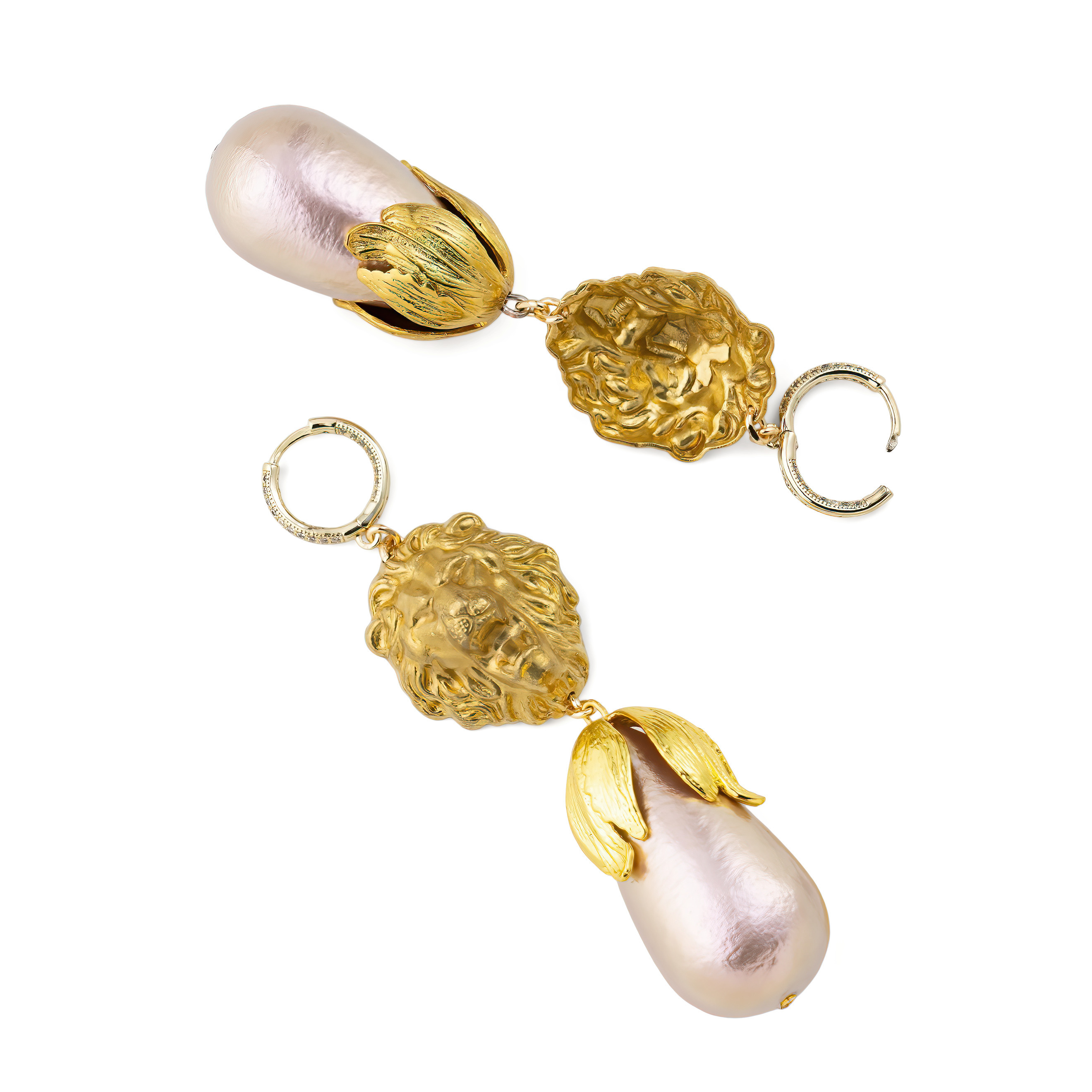 Golden Lion Head Earrings with beige pearls