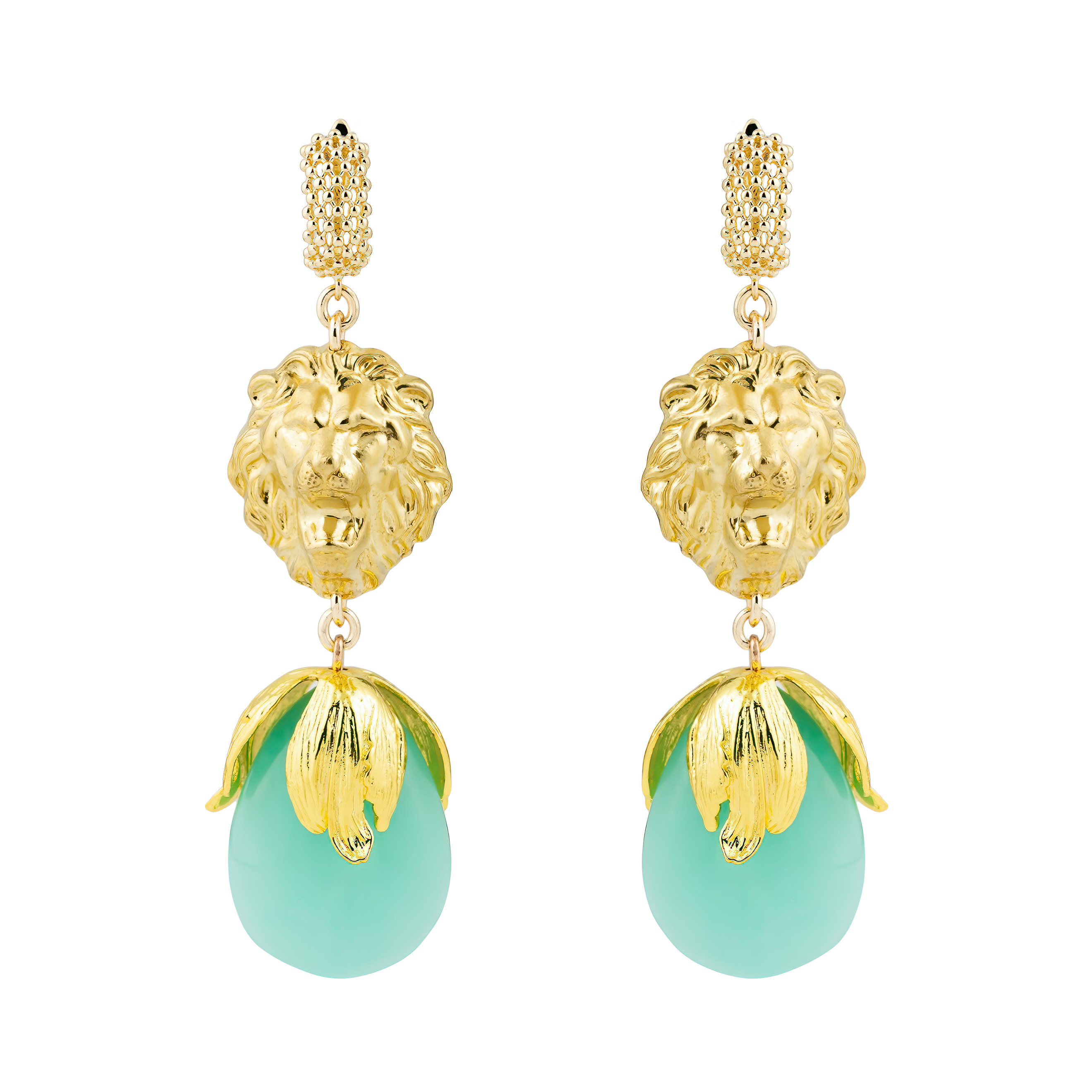 Golden Lion Head Earrings with Turquoise crystal