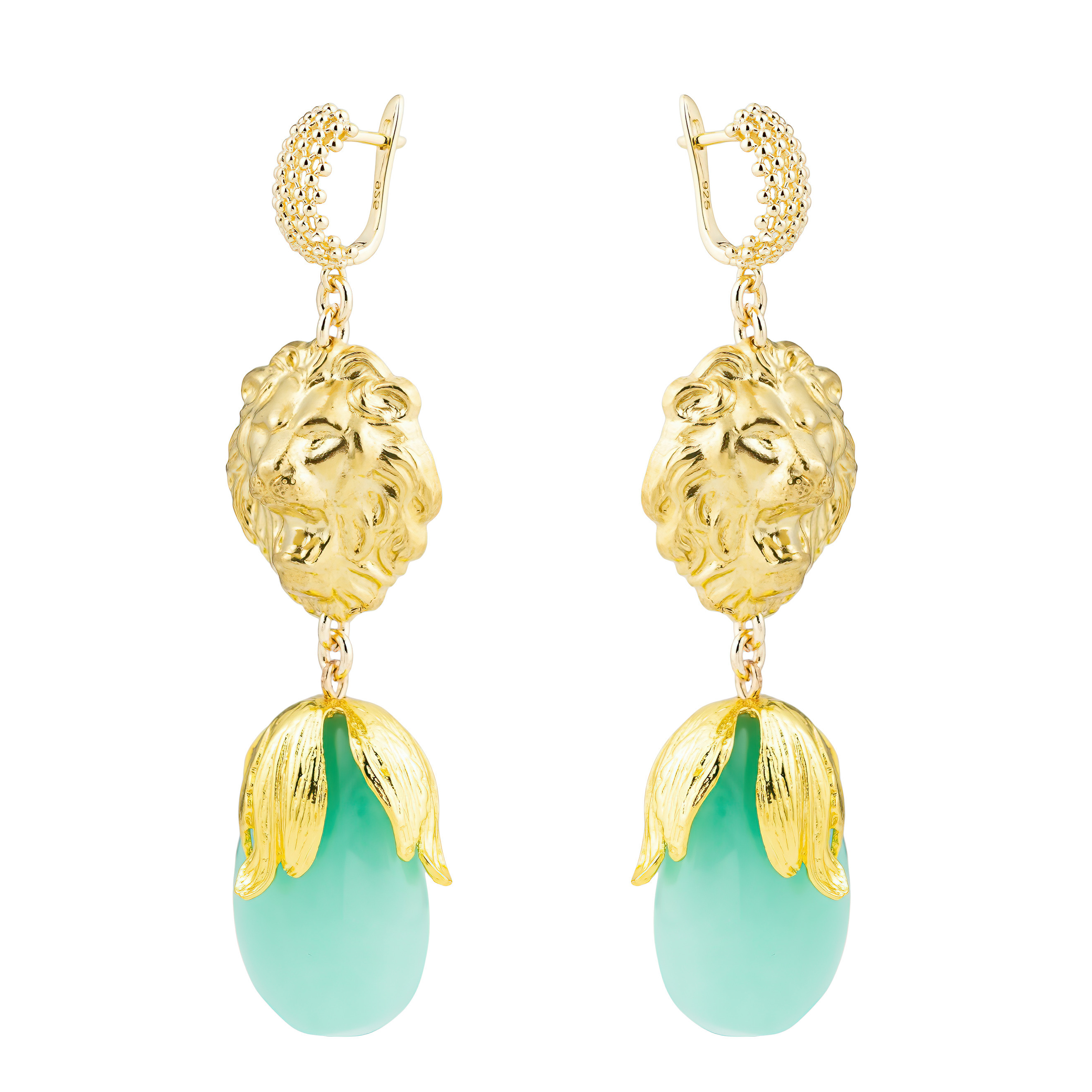 Golden Lion Head Earrings with Turquoise crystal