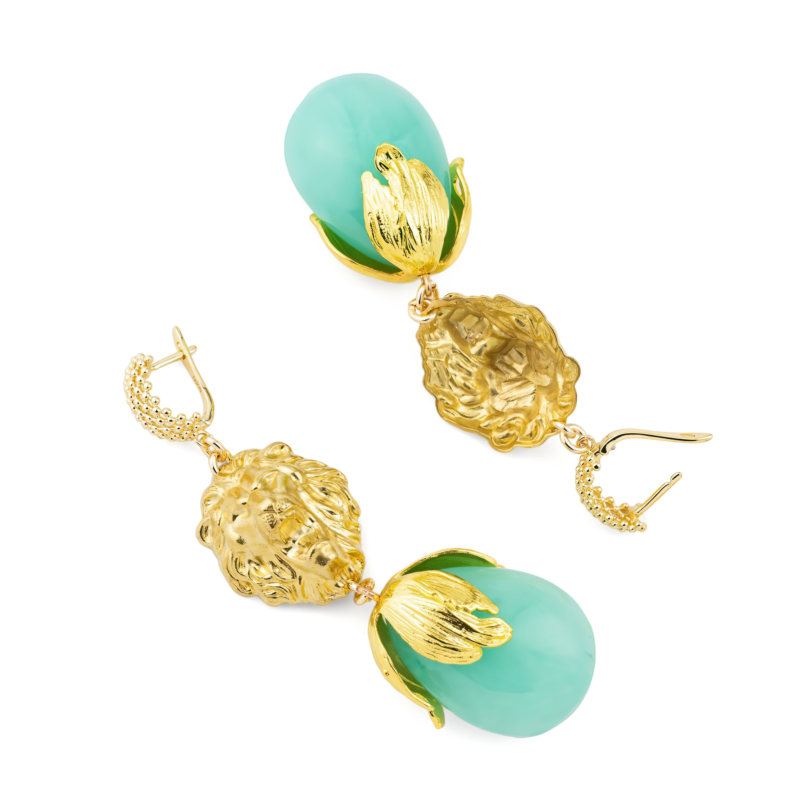 Golden Lion Head Earrings with Turquoise crystal