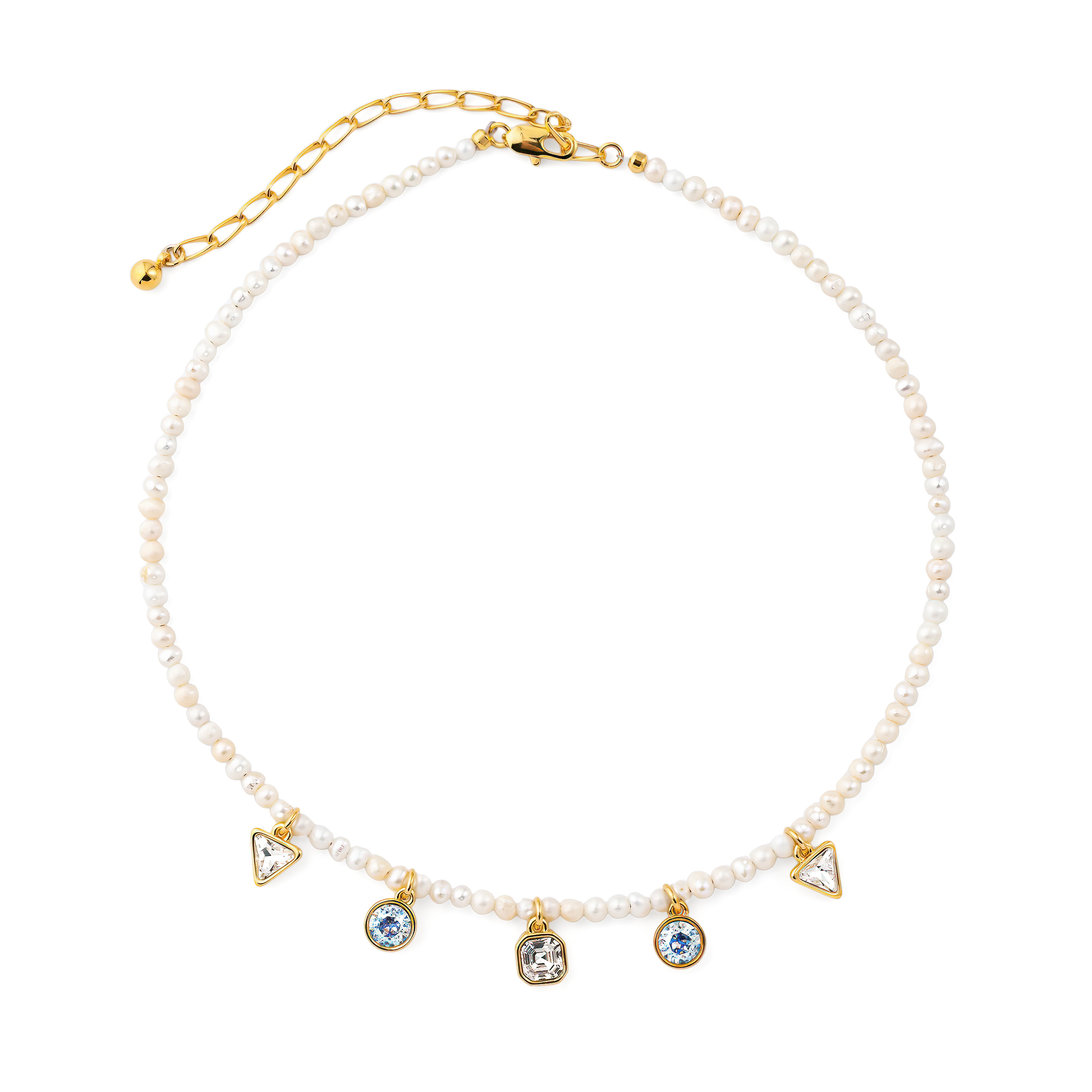 Gold-tone pearl necklace with crystal pendants