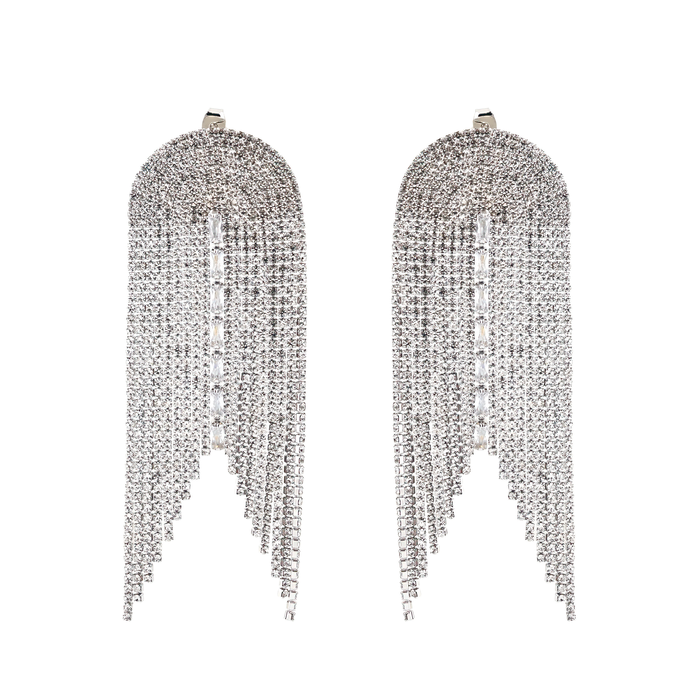 Silver semi-circular earrings with white crystal tracks