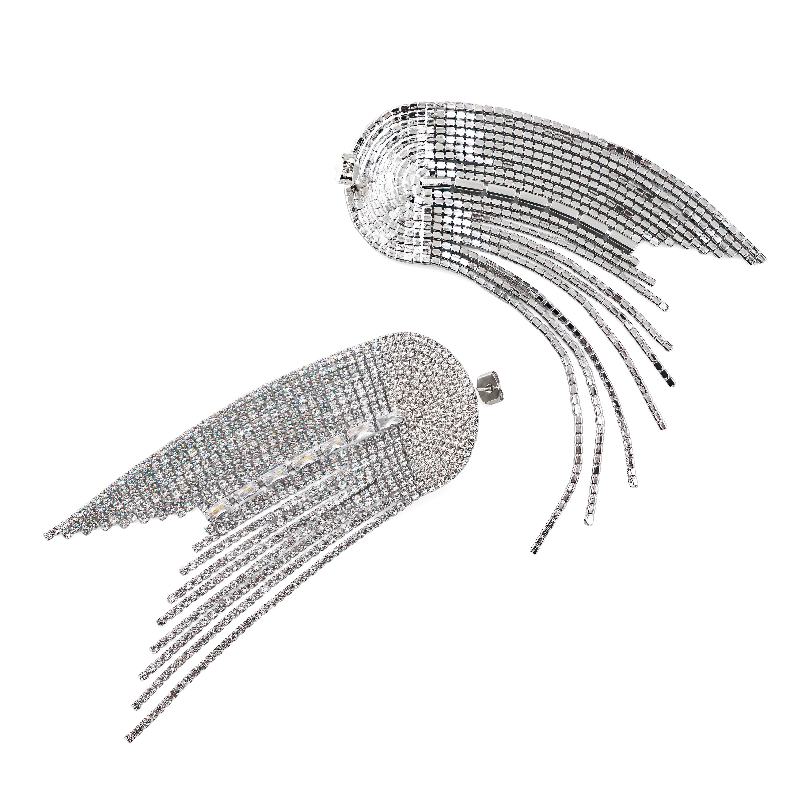 Silver semi-circular earrings with white crystal tracks