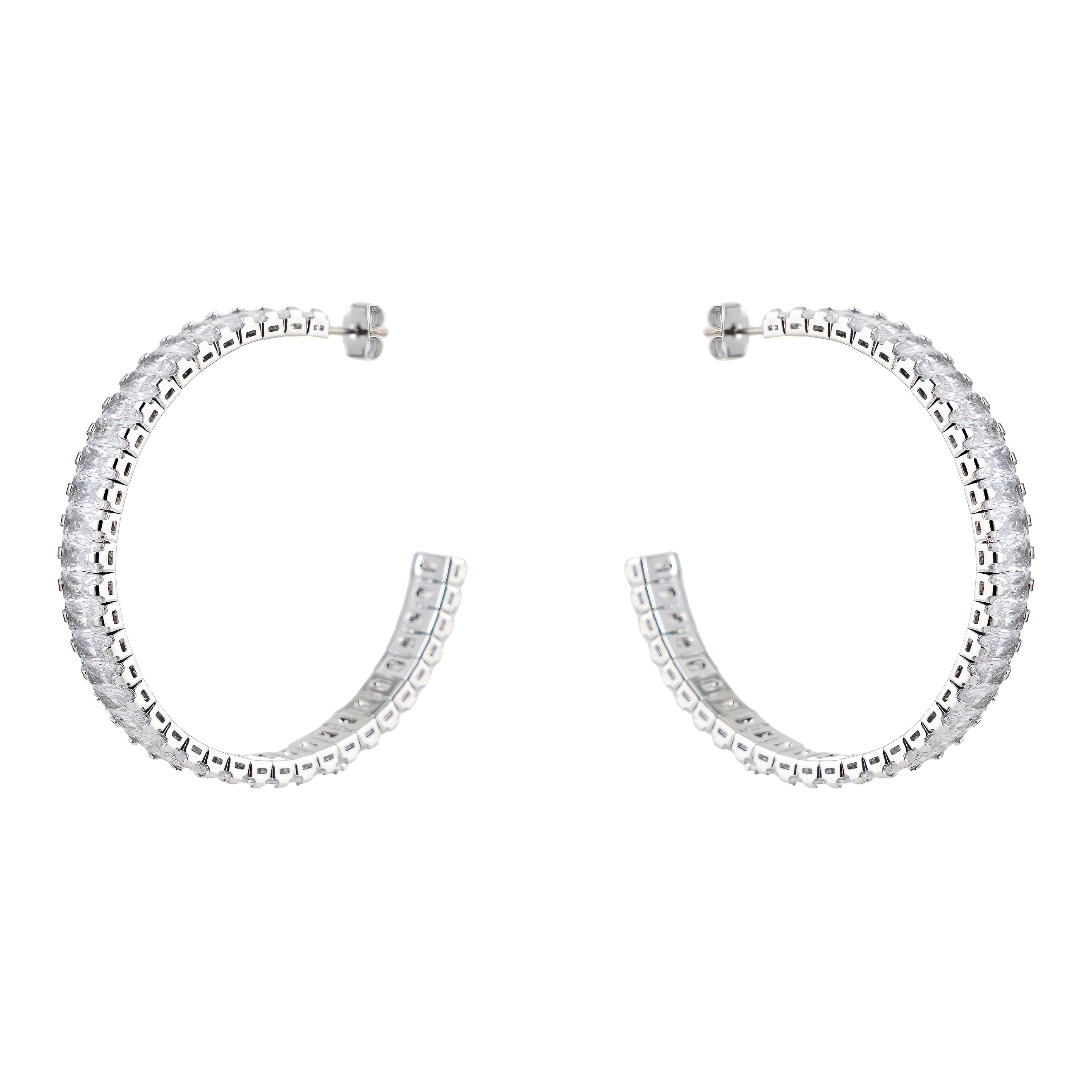 Silver hoop earrings with a track of white crystals