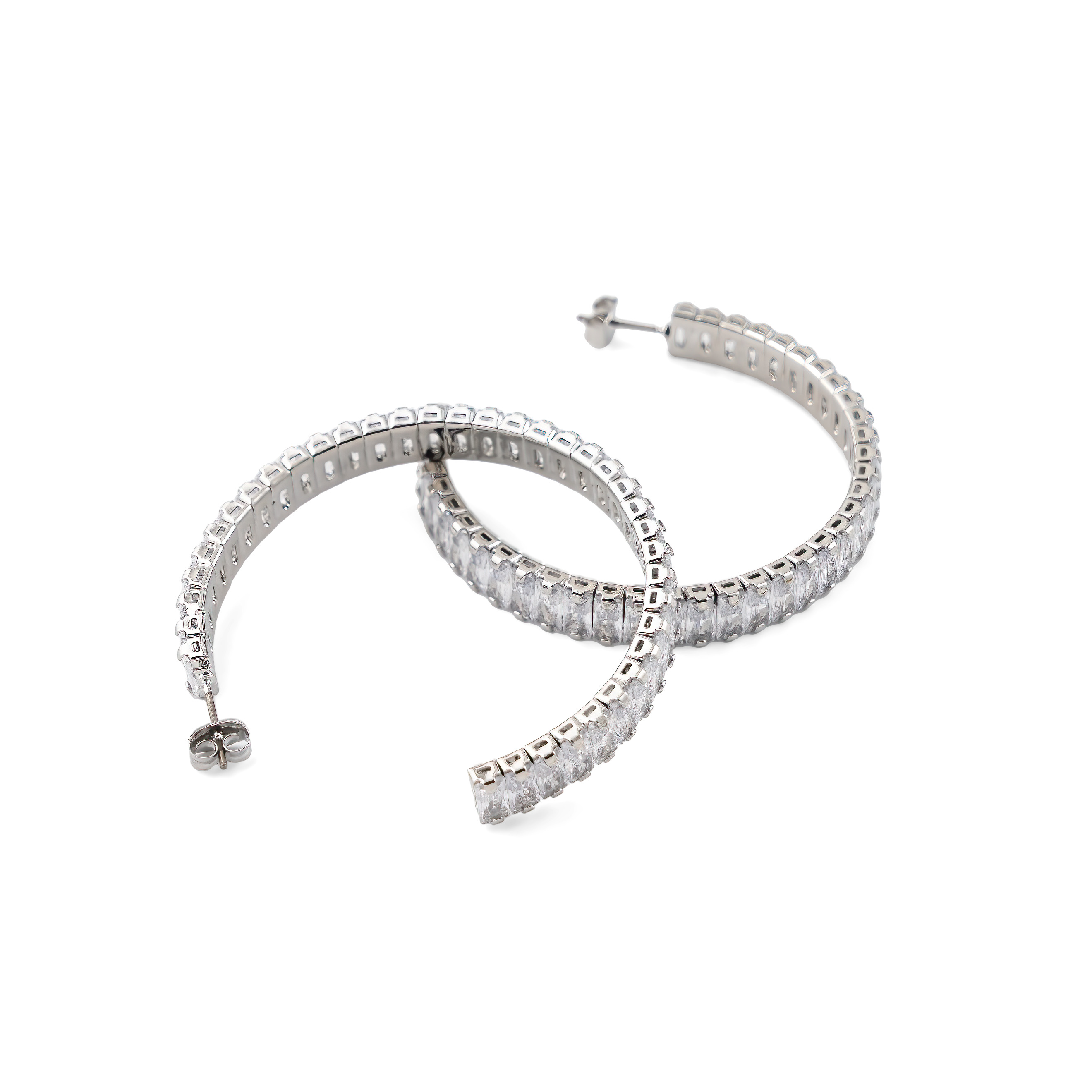 Silver hoop earrings with a track of white crystals