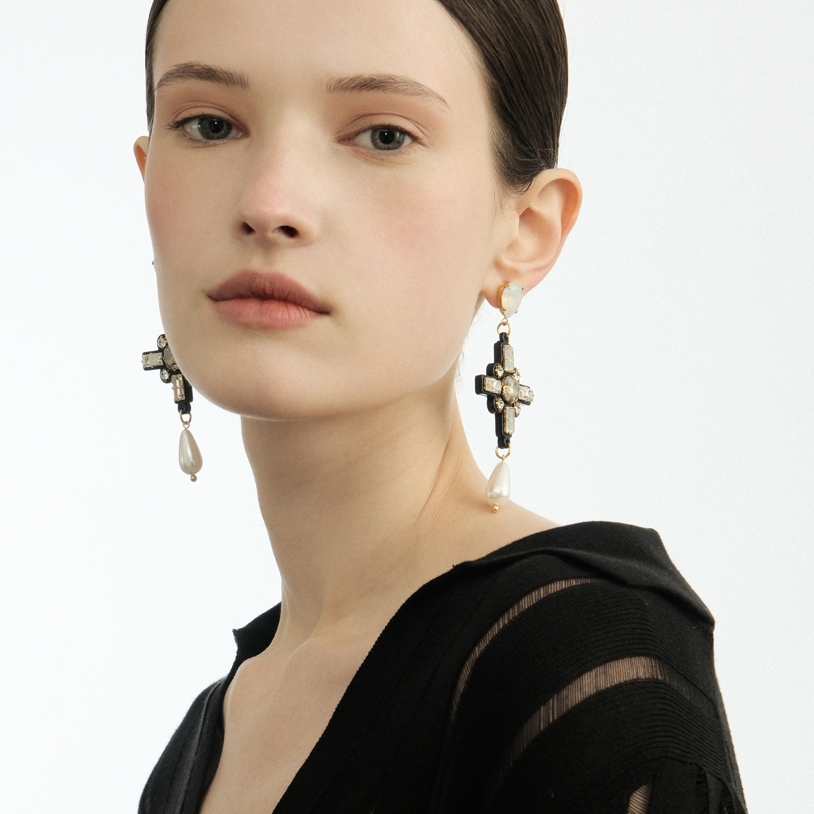 Black cross earrings with pearls and crystals