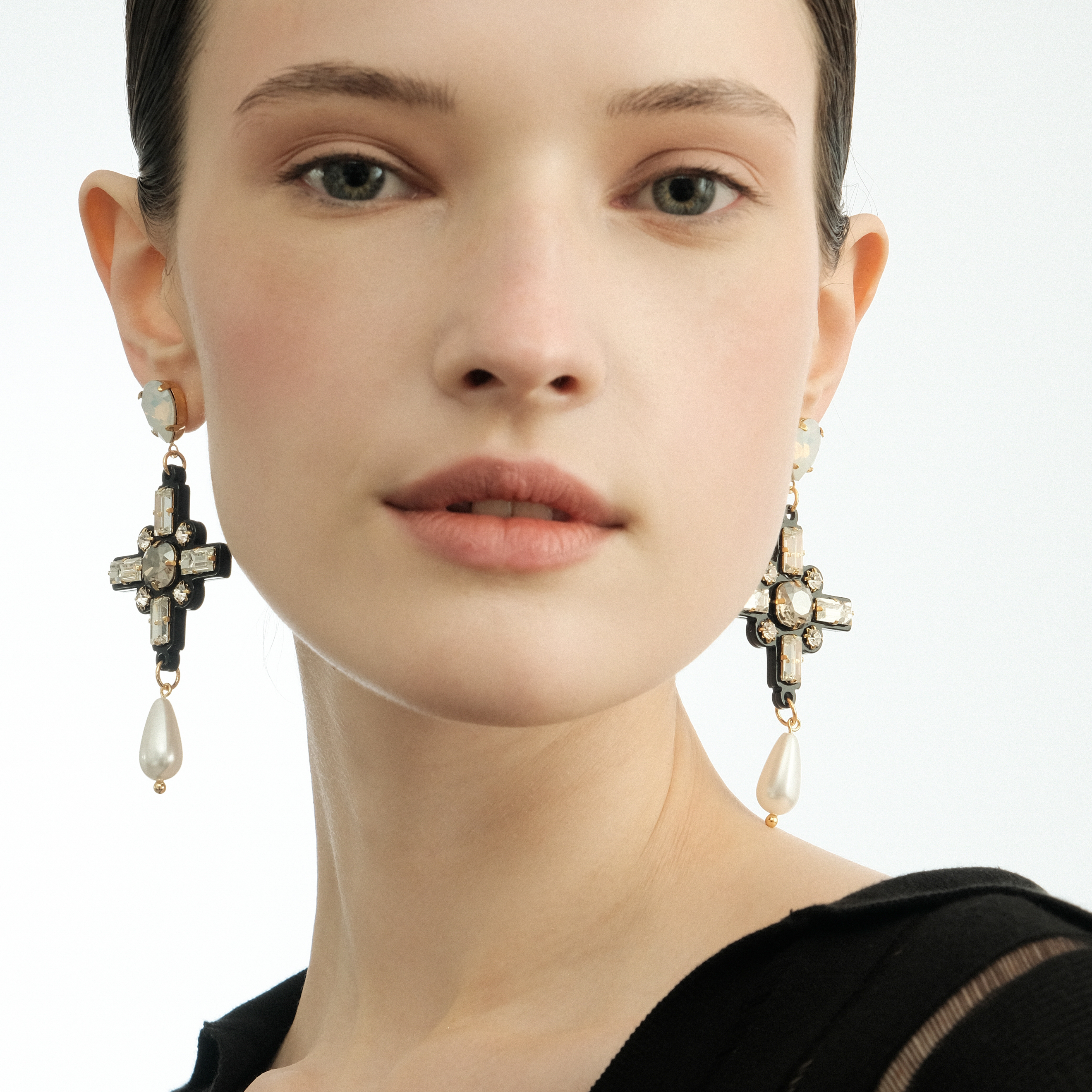 Black cross earrings with pearls and crystals
