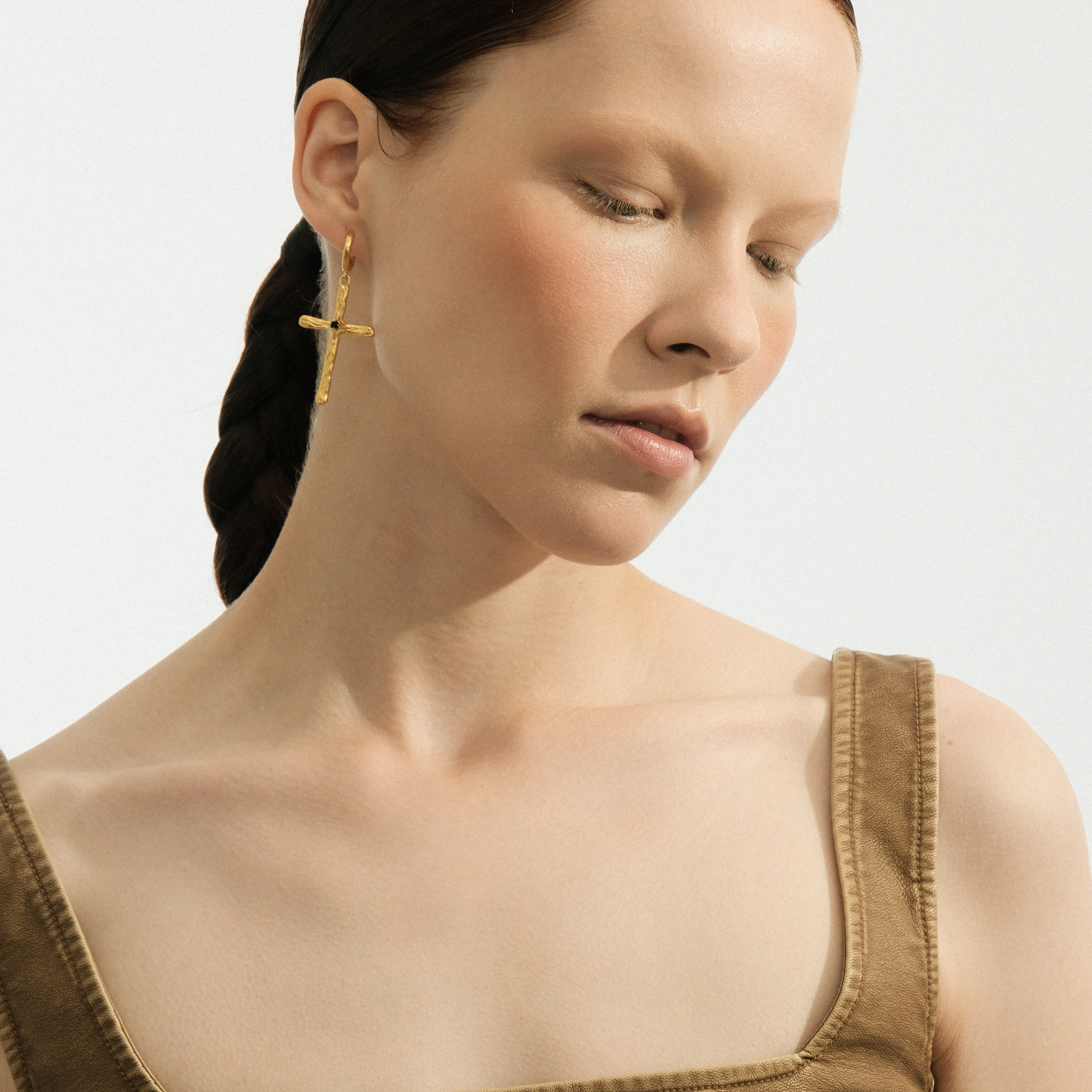 Golden Cross earrings with black crystal