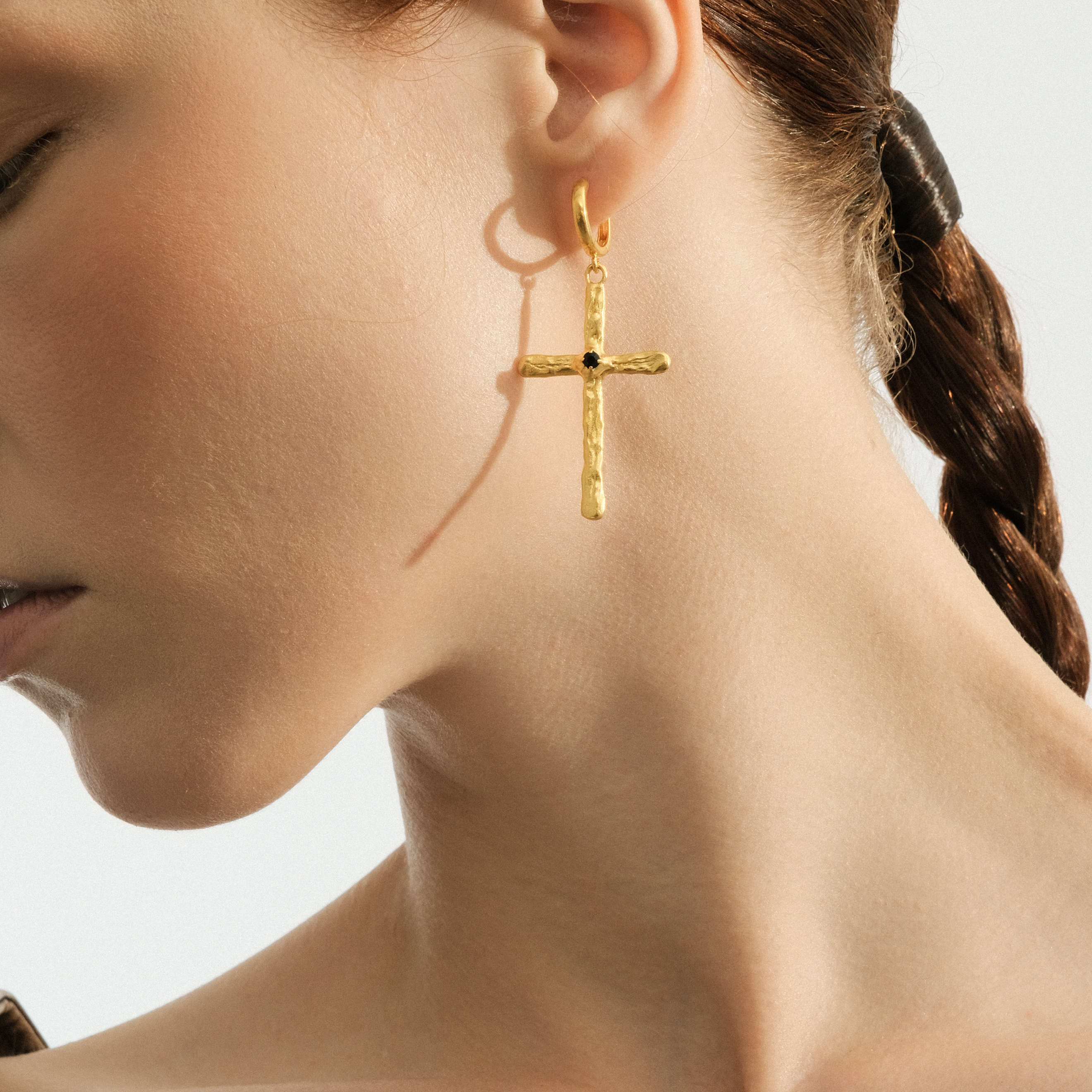 Golden Cross earrings with black crystal