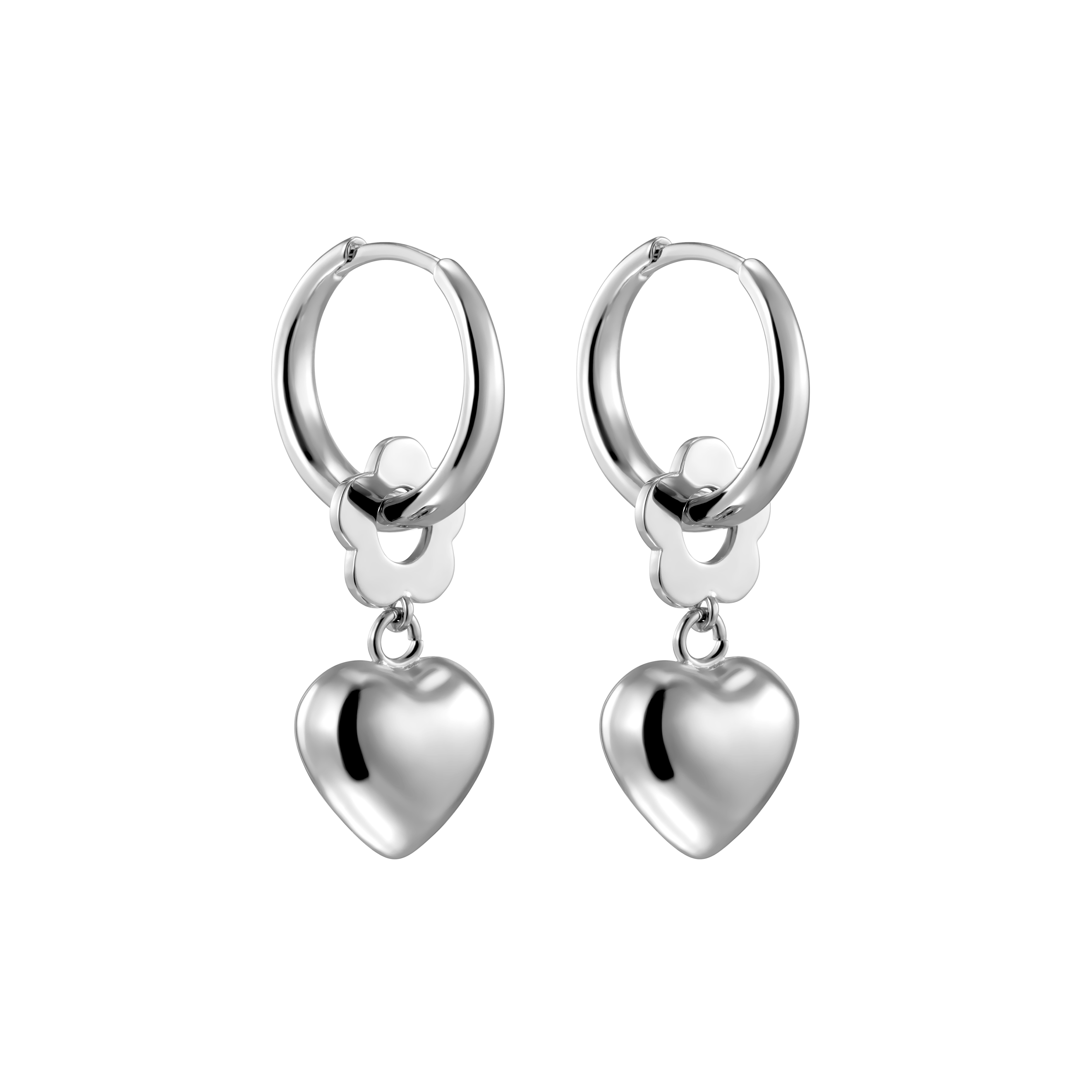 Серьги средней длины Kotlo Studio Серебристые серьги с цветочками и сердечками Цветочные сердца