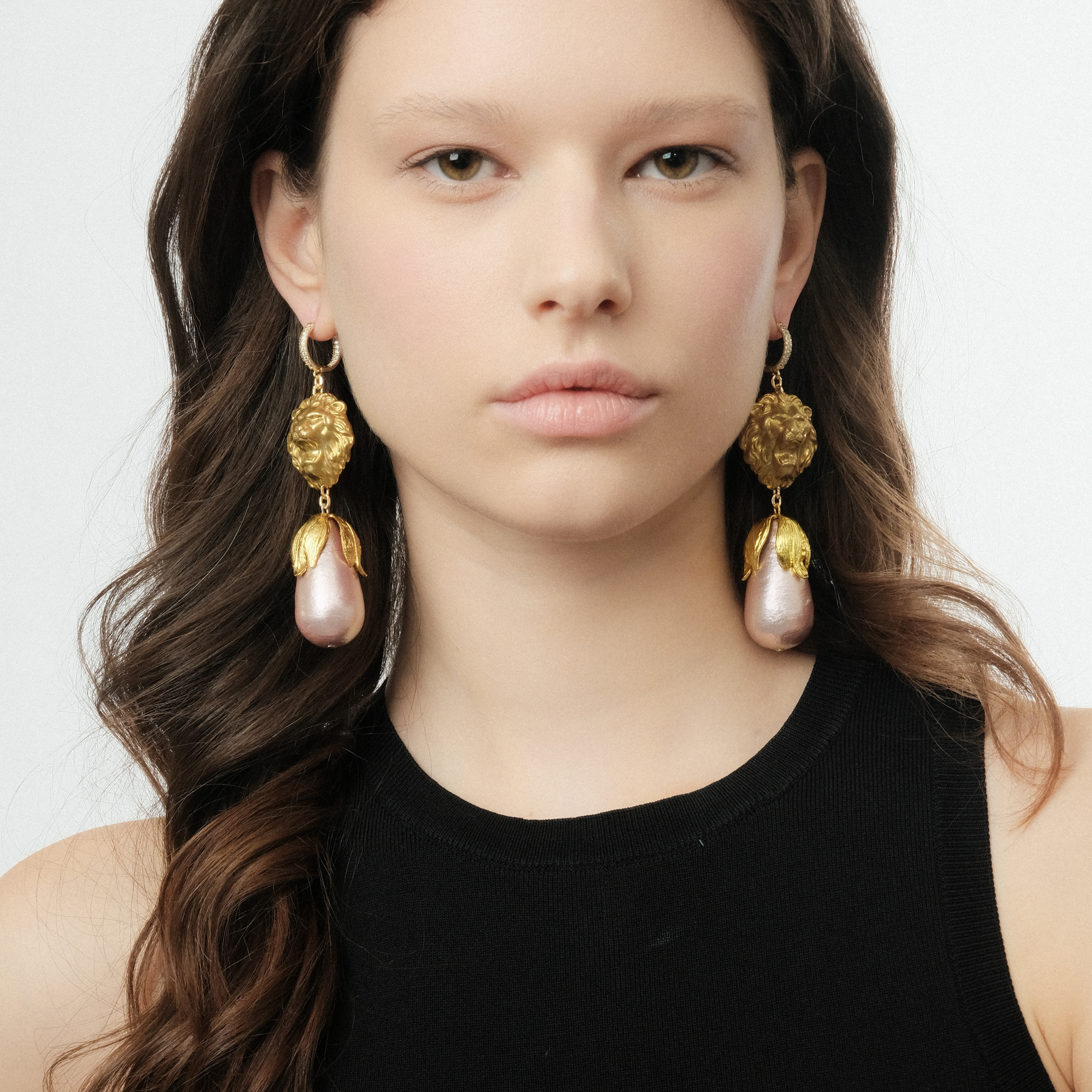 Golden Lion Head Earrings with beige pearls