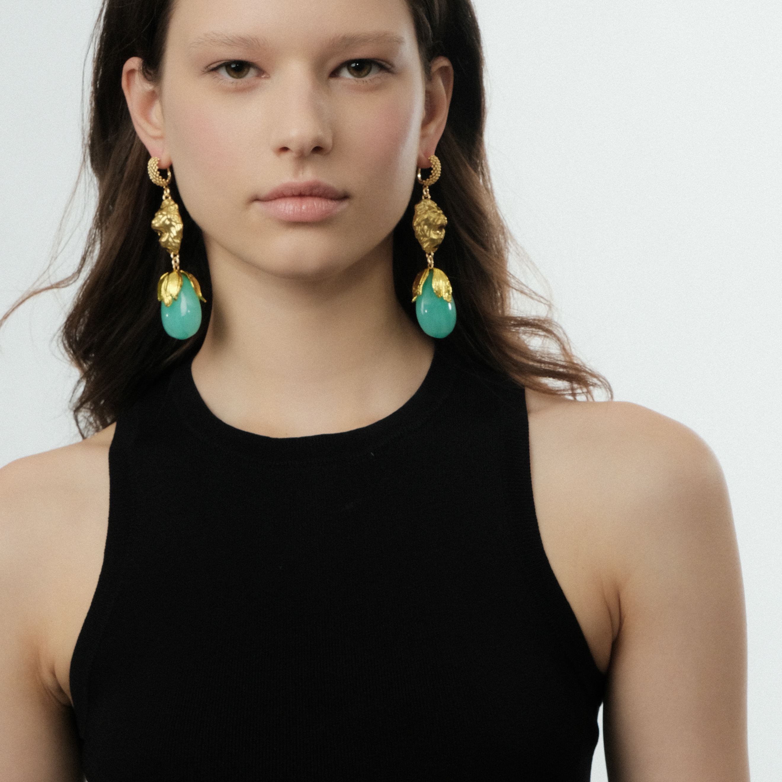 Golden Lion Head Earrings with Turquoise crystal