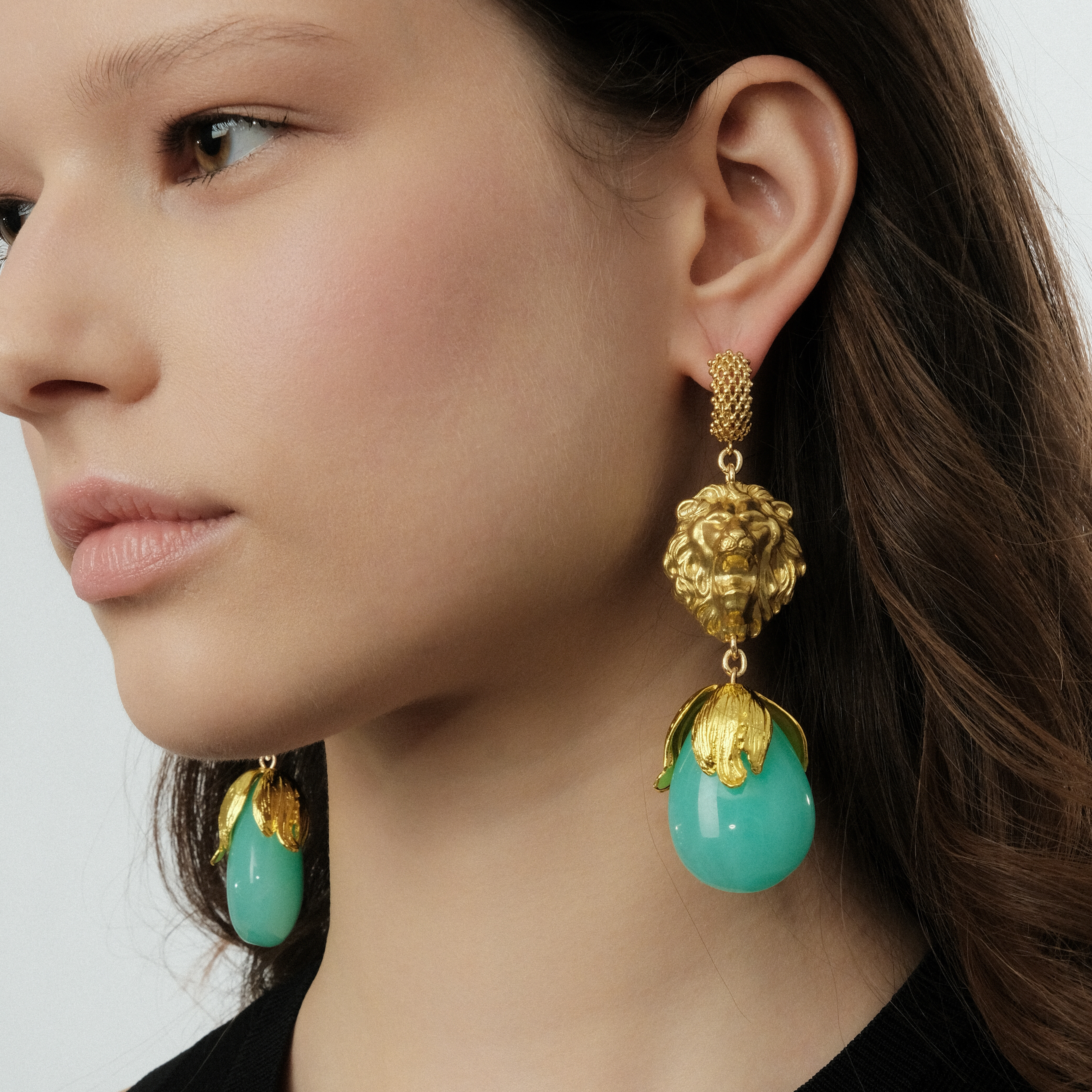 Golden Lion Head Earrings with Turquoise crystal