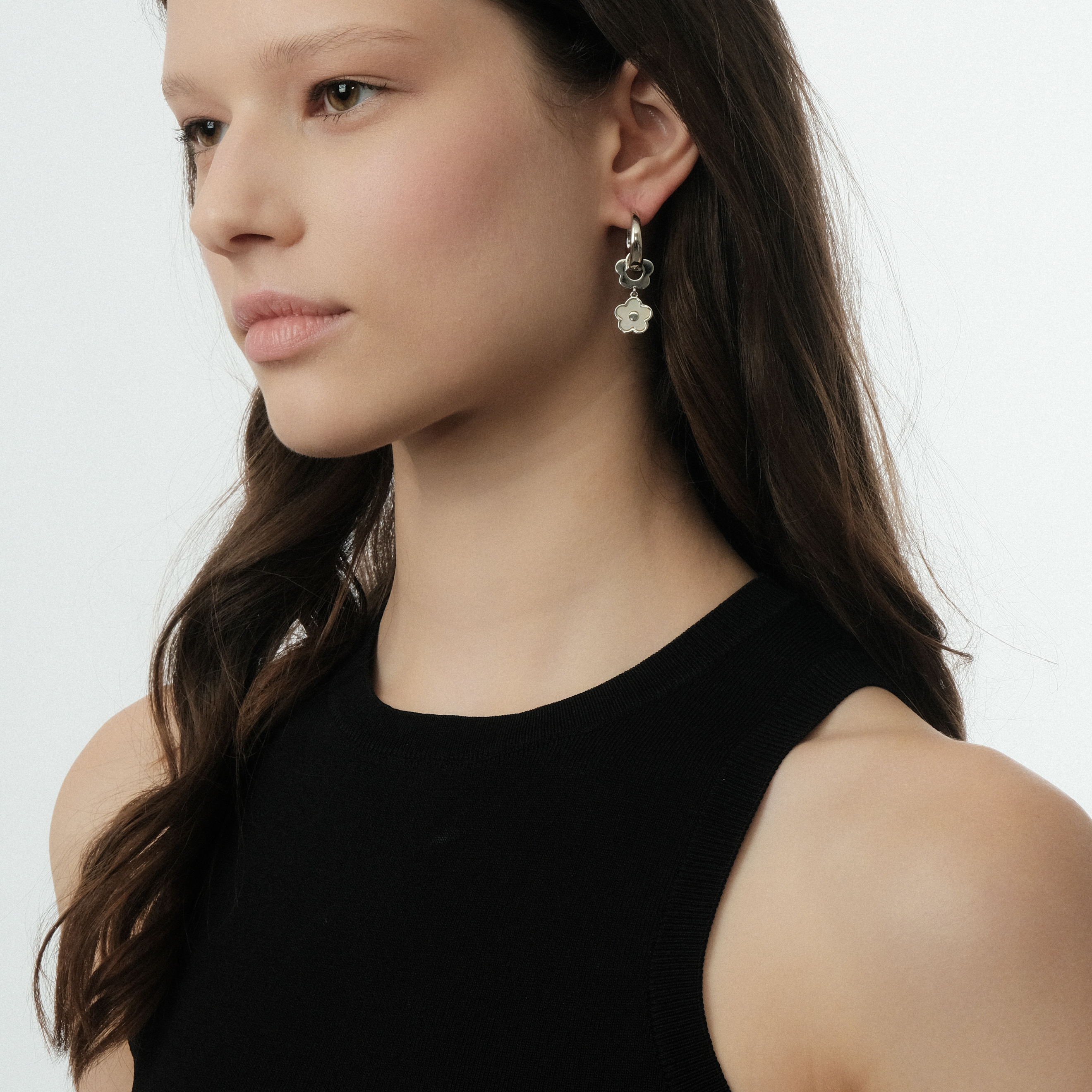 Flower Twins Silver. Серебристые серьги с перламутровыми цветочками