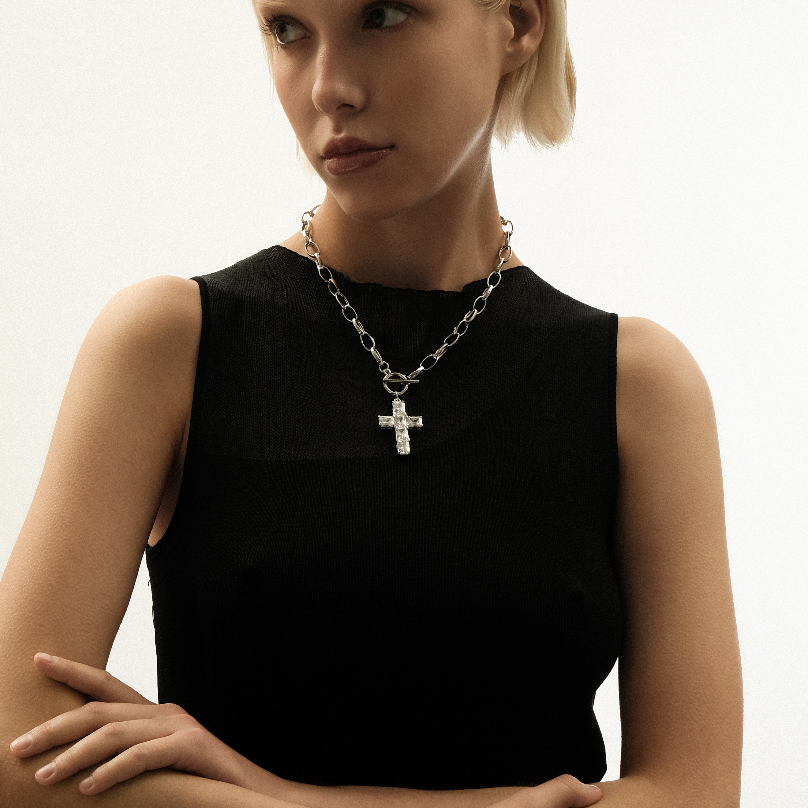 Silver Chain Necklace with Crystal Cross Pendant