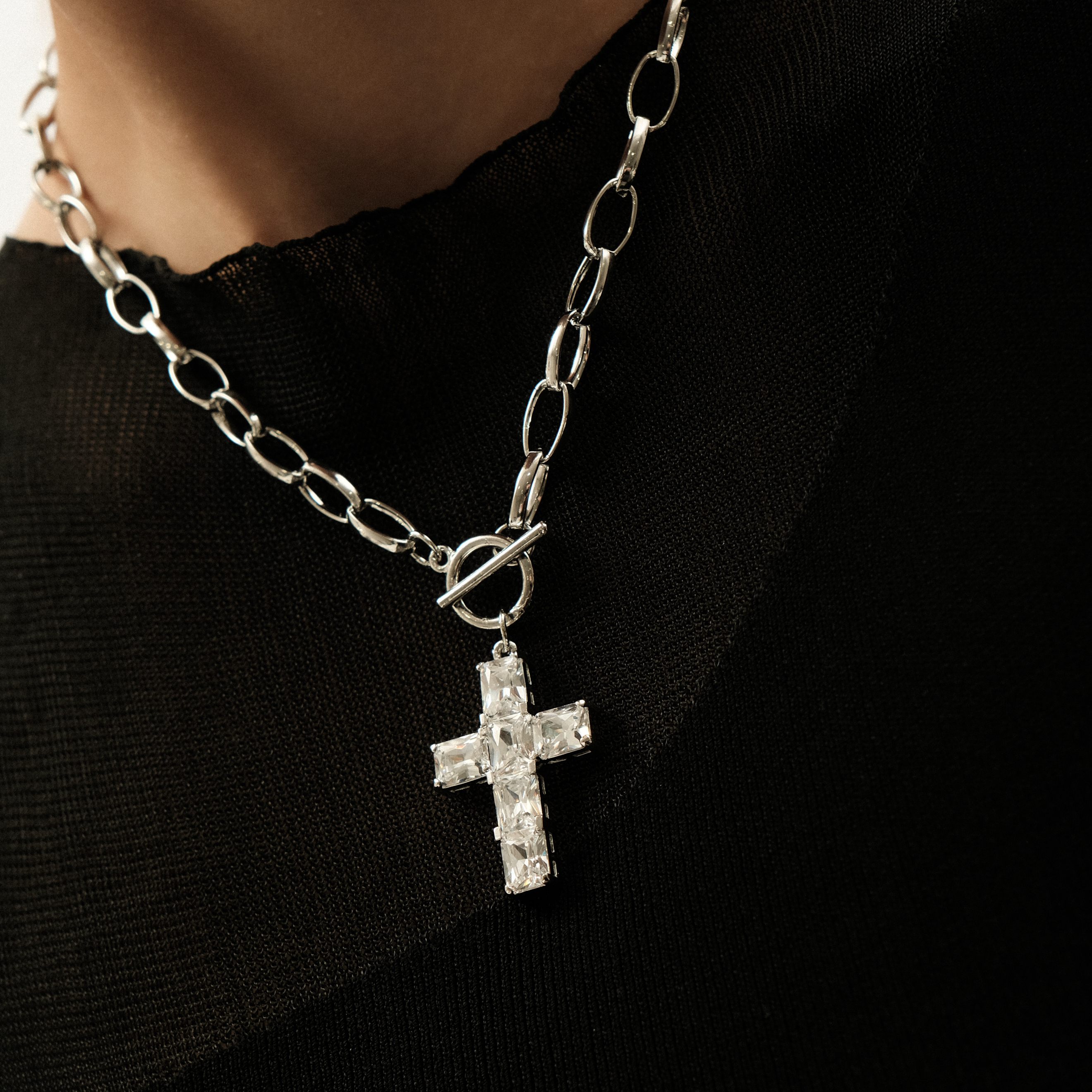 Silver Chain Necklace with Crystal Cross Pendant