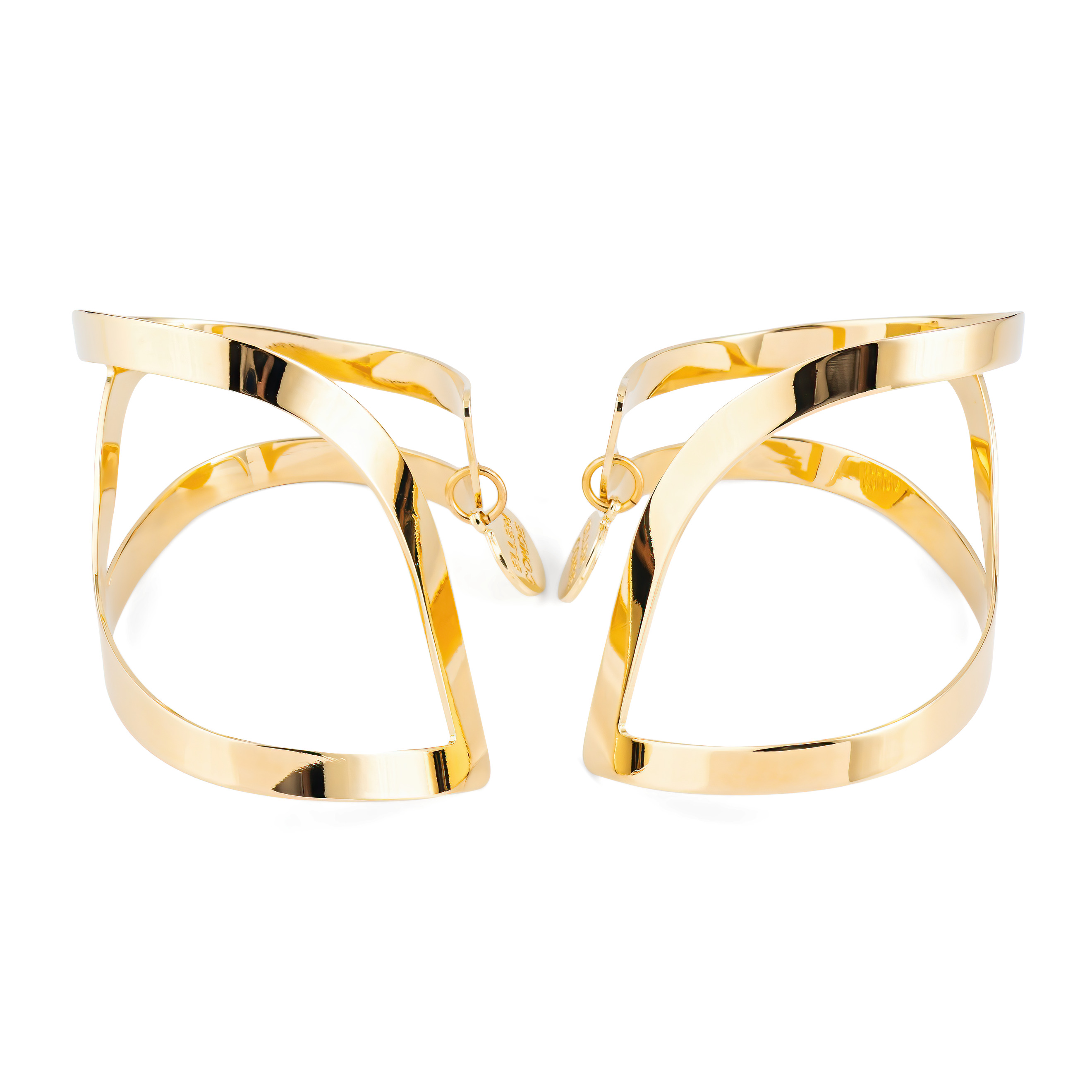 A pair of symmetrical gold-plated adjustable wrist bracelets