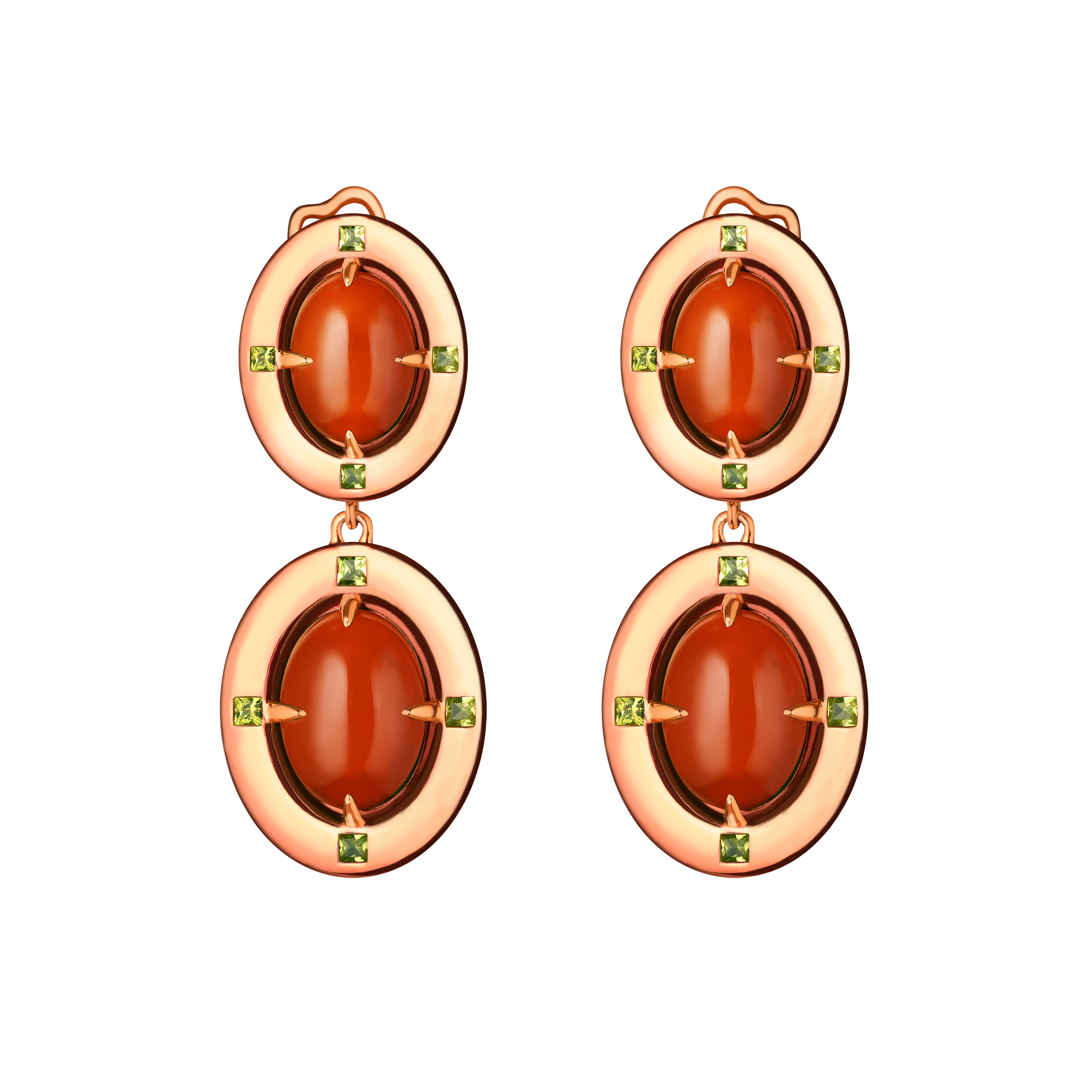Double gold-plated silver earrings with carnelian and chrysolites