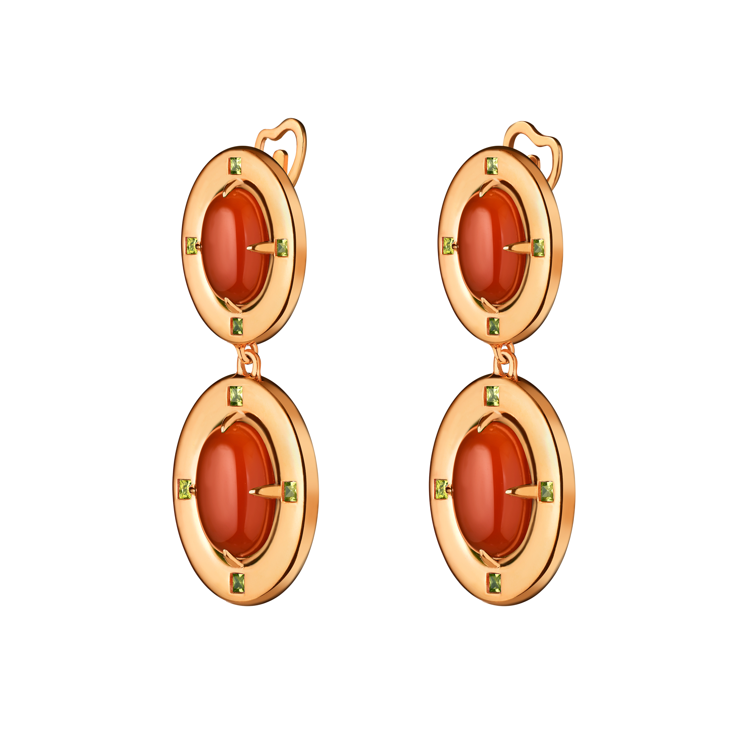 Double gold-plated silver earrings with carnelian and chrysolites