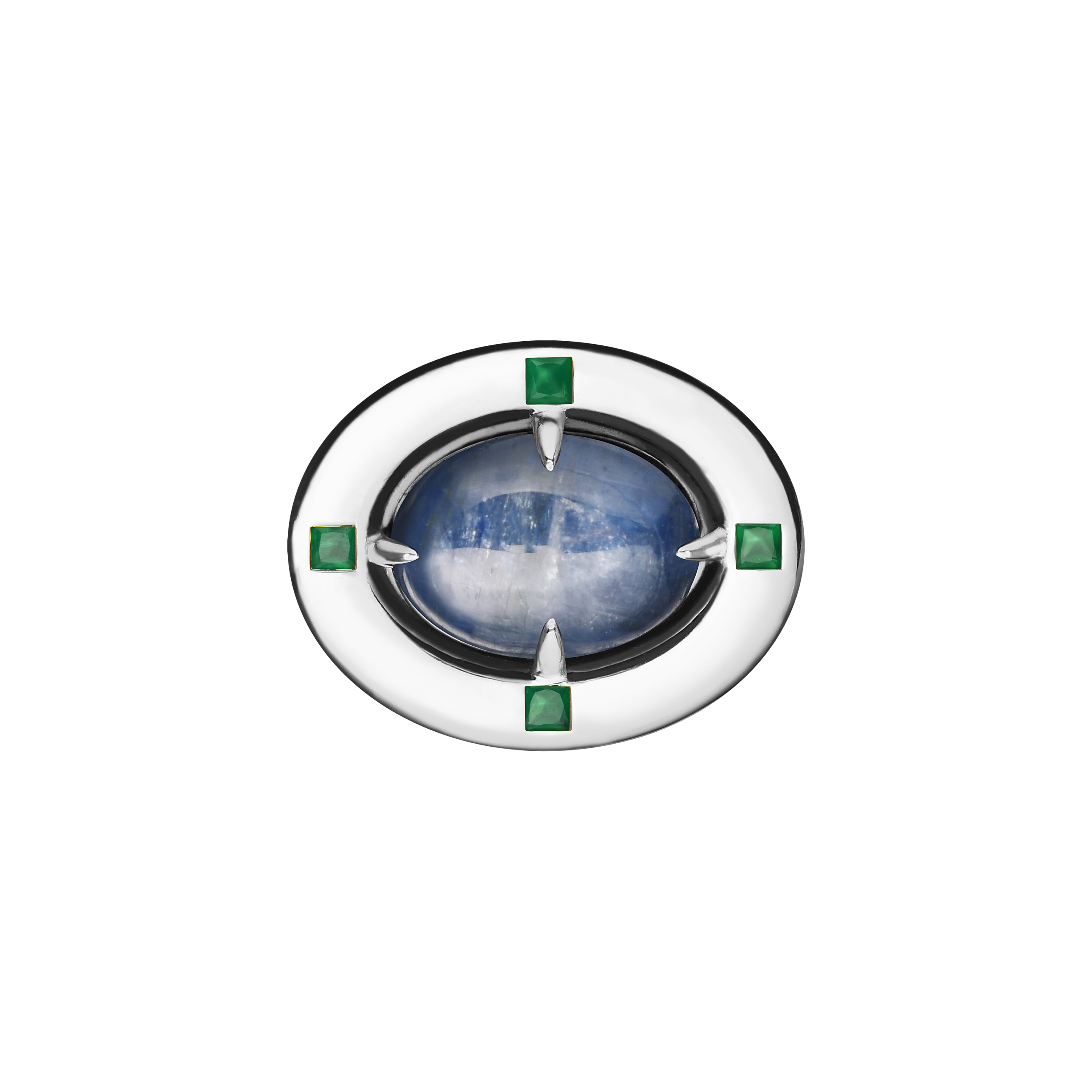 Oval silver ring with kyanite and green agates